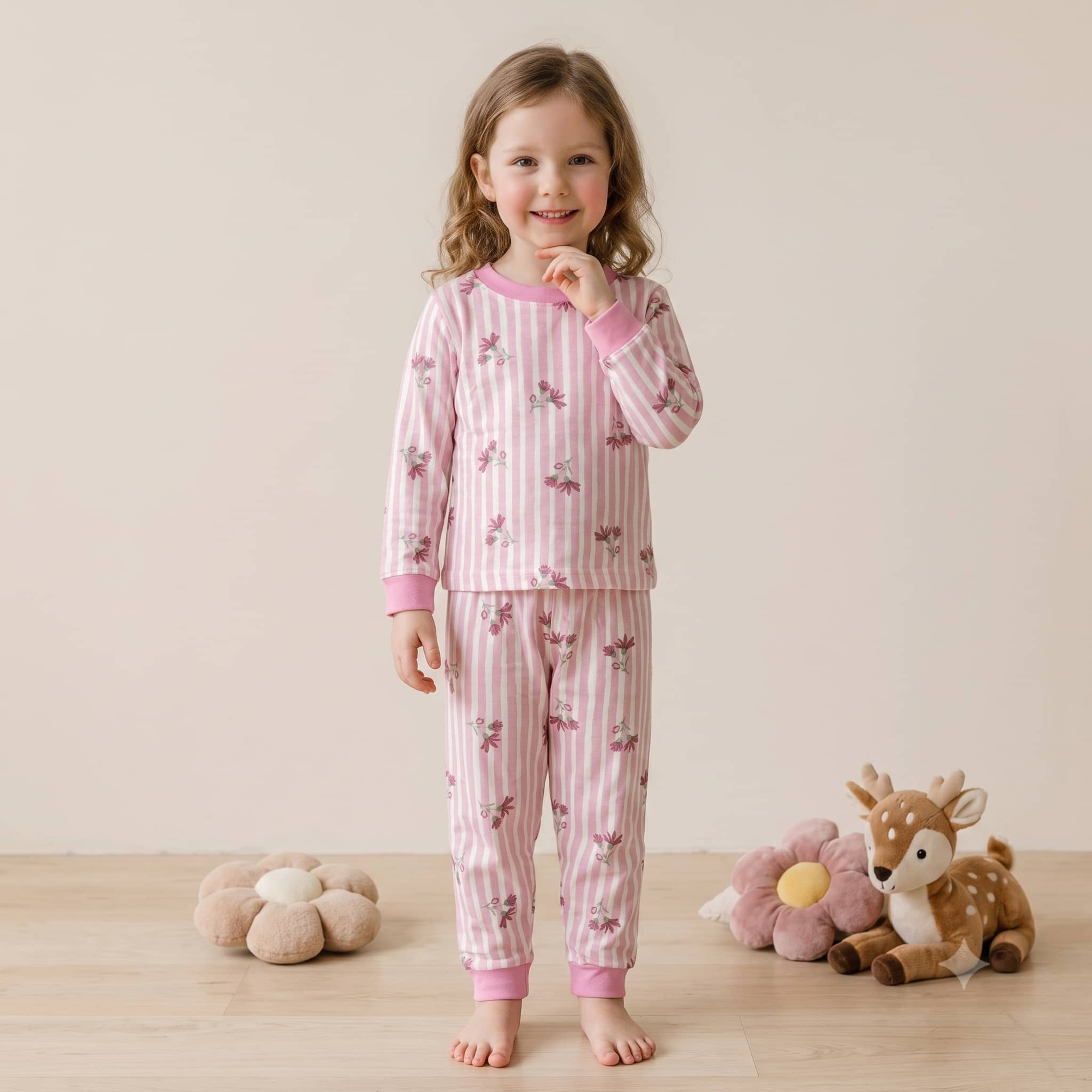 Striped Blossoms Girls Full Sleeves Pajama Set - Light Pink