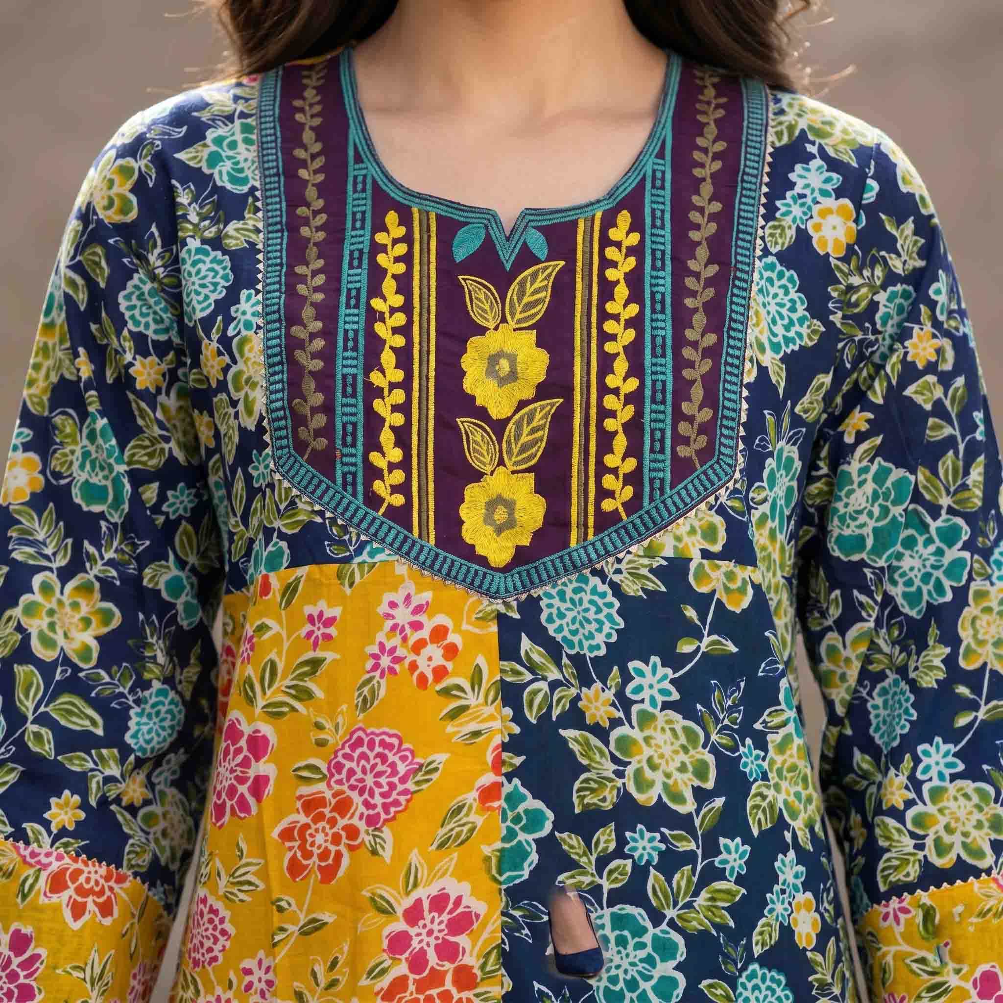 Bloom Floral Women Darra - Yellow & Blue