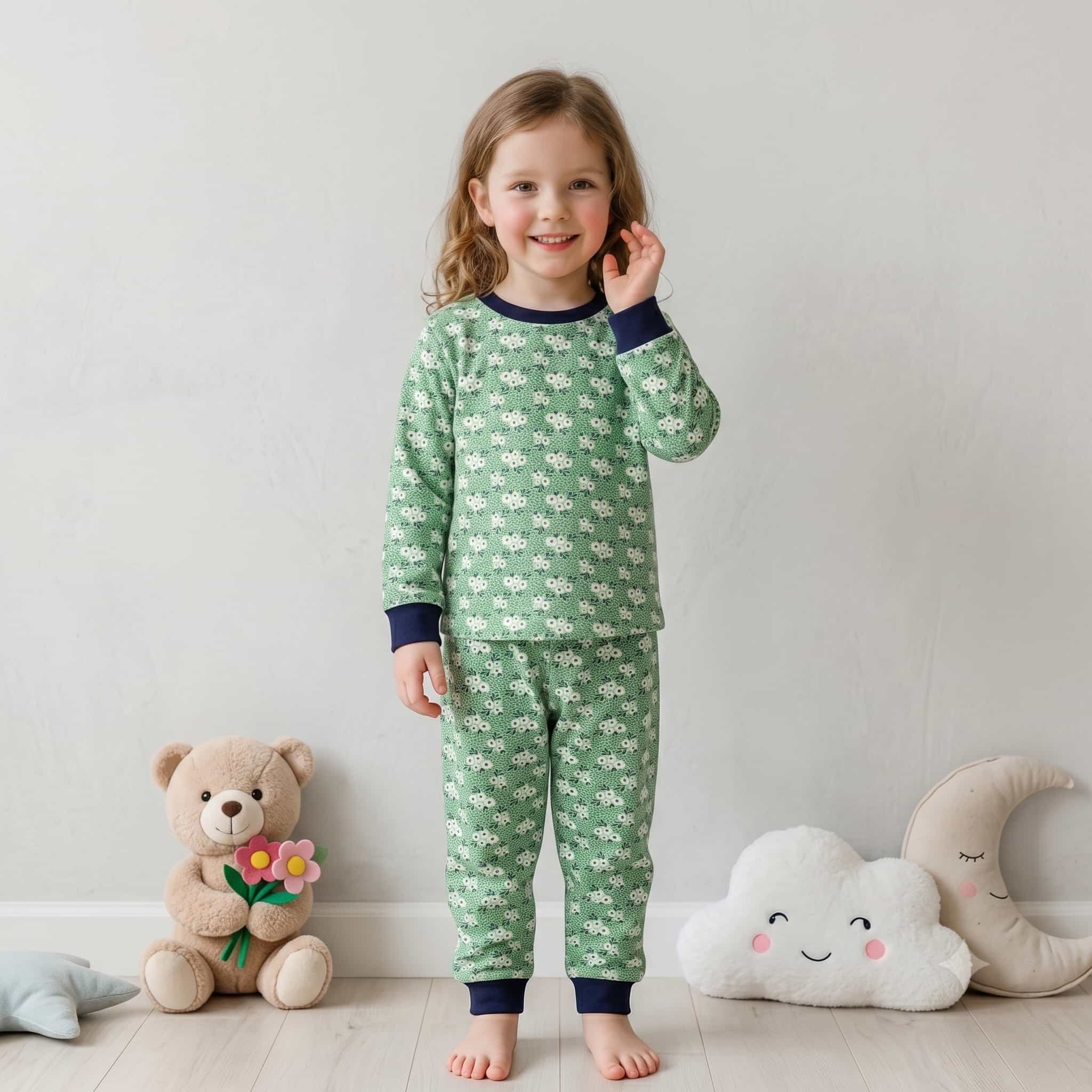 Meadow Bloom Girls Full Sleeves Pajama Set - Navy