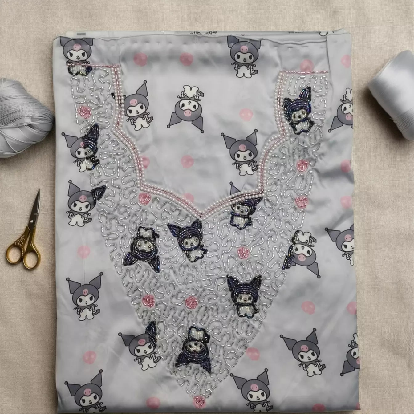 Kuromi Skull Girls Embroidered Mukhawir - Grey