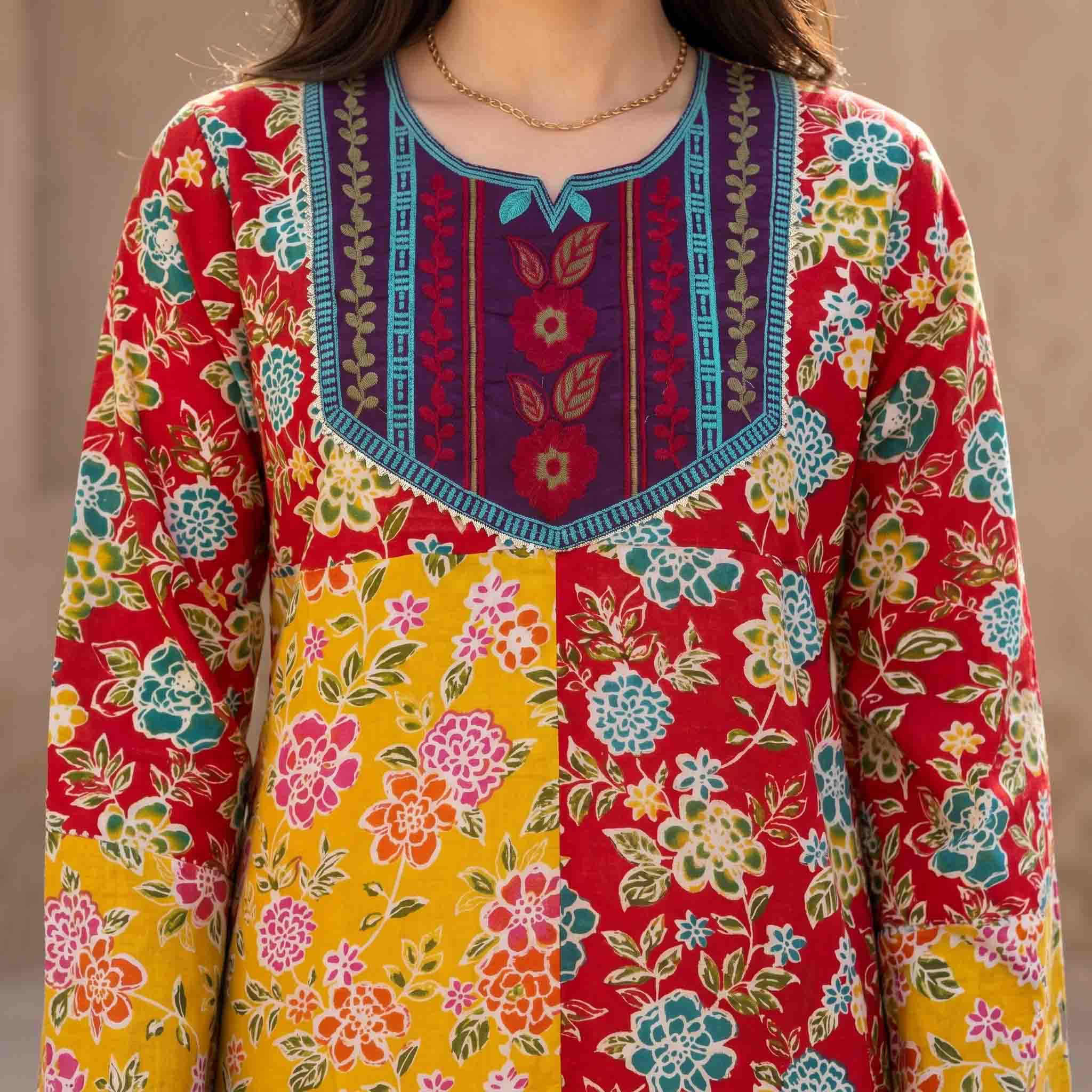 Bloom Print Women Darra - Yellow & Red