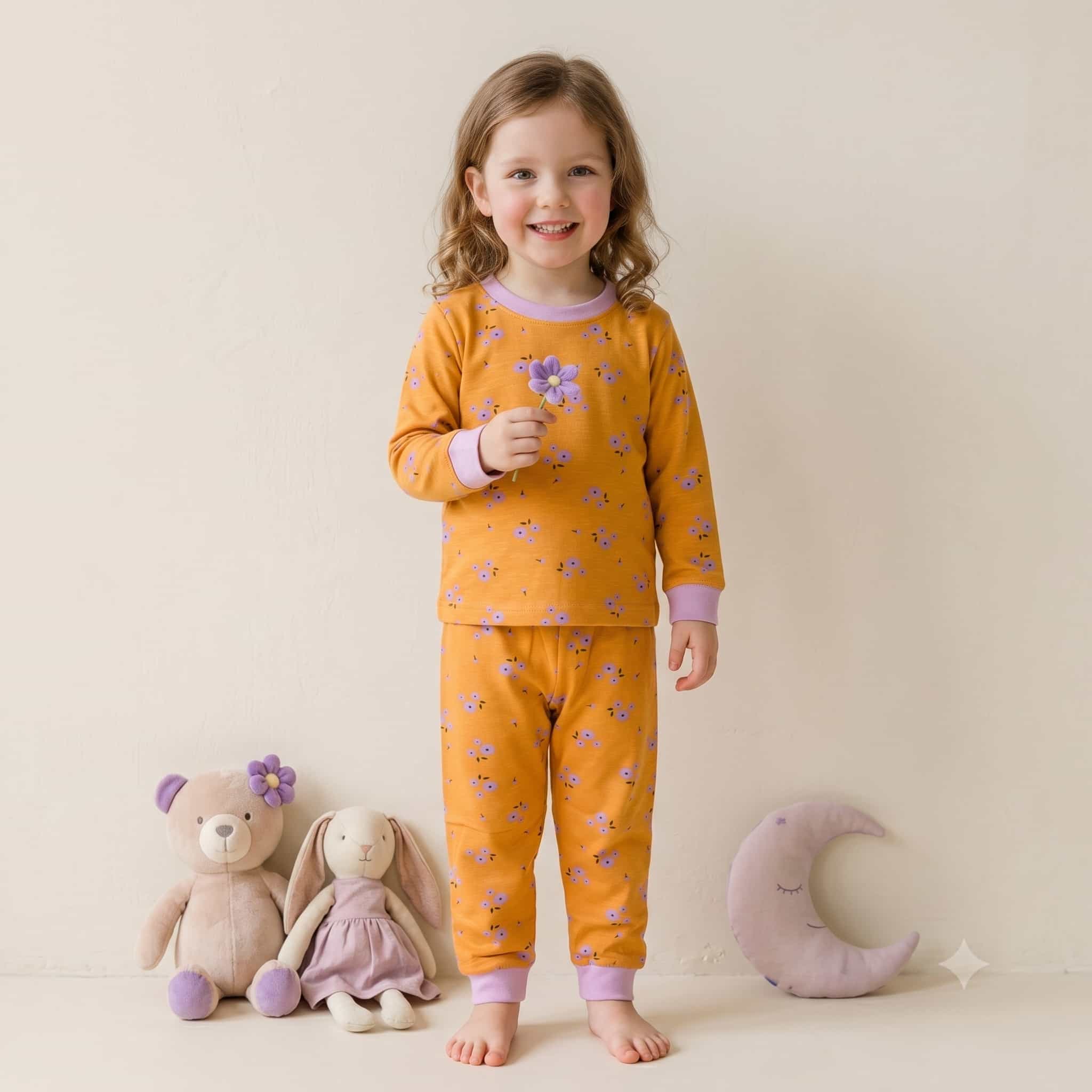Golden Posy Girls Full Sleeves Pajama Set - Golden