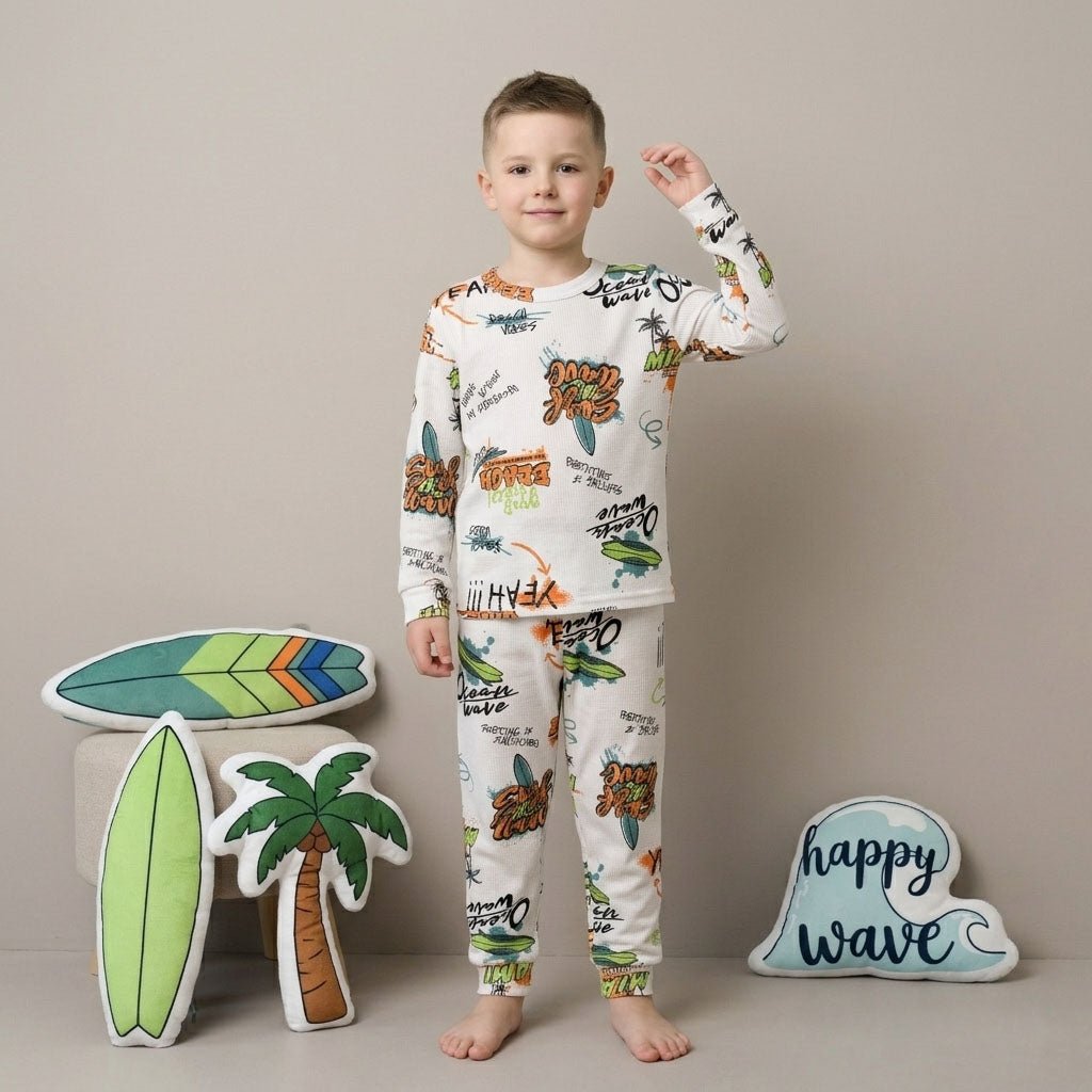Happy Wave Boys Full Sleeves Pajama Set - White