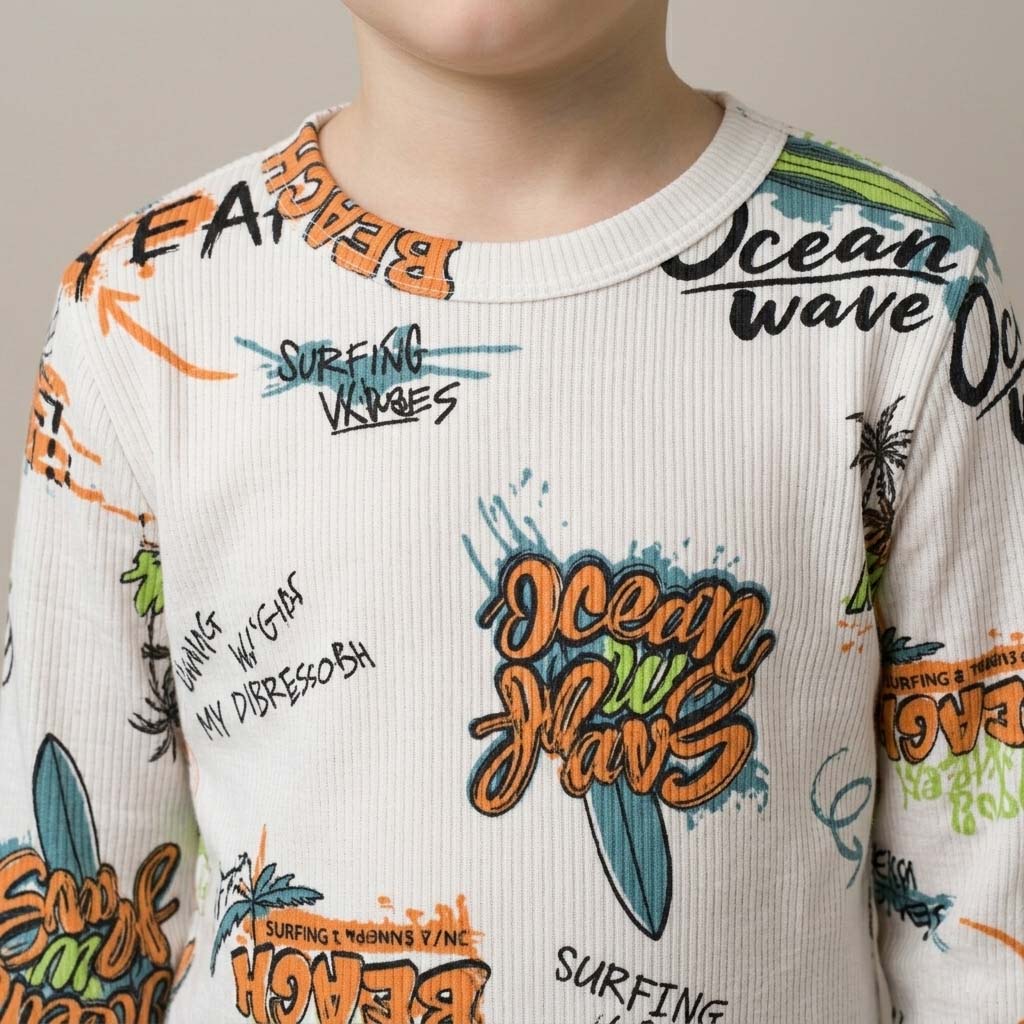 Happy Wave Boys Full Sleeves Pajama Set - White