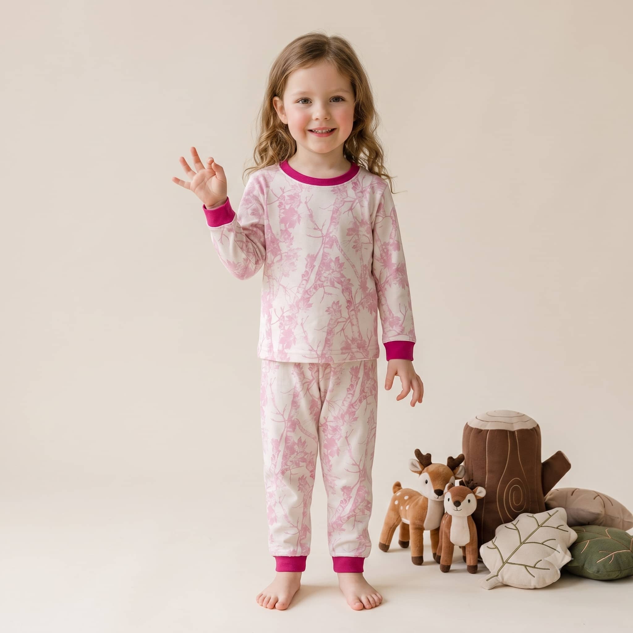 Pink Woodland Girls Full Sleeves Pajama Set - Light Pink