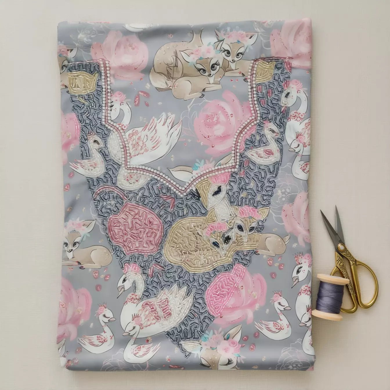 Bambi Duck Girls Embroidered Mukhawir - Grey