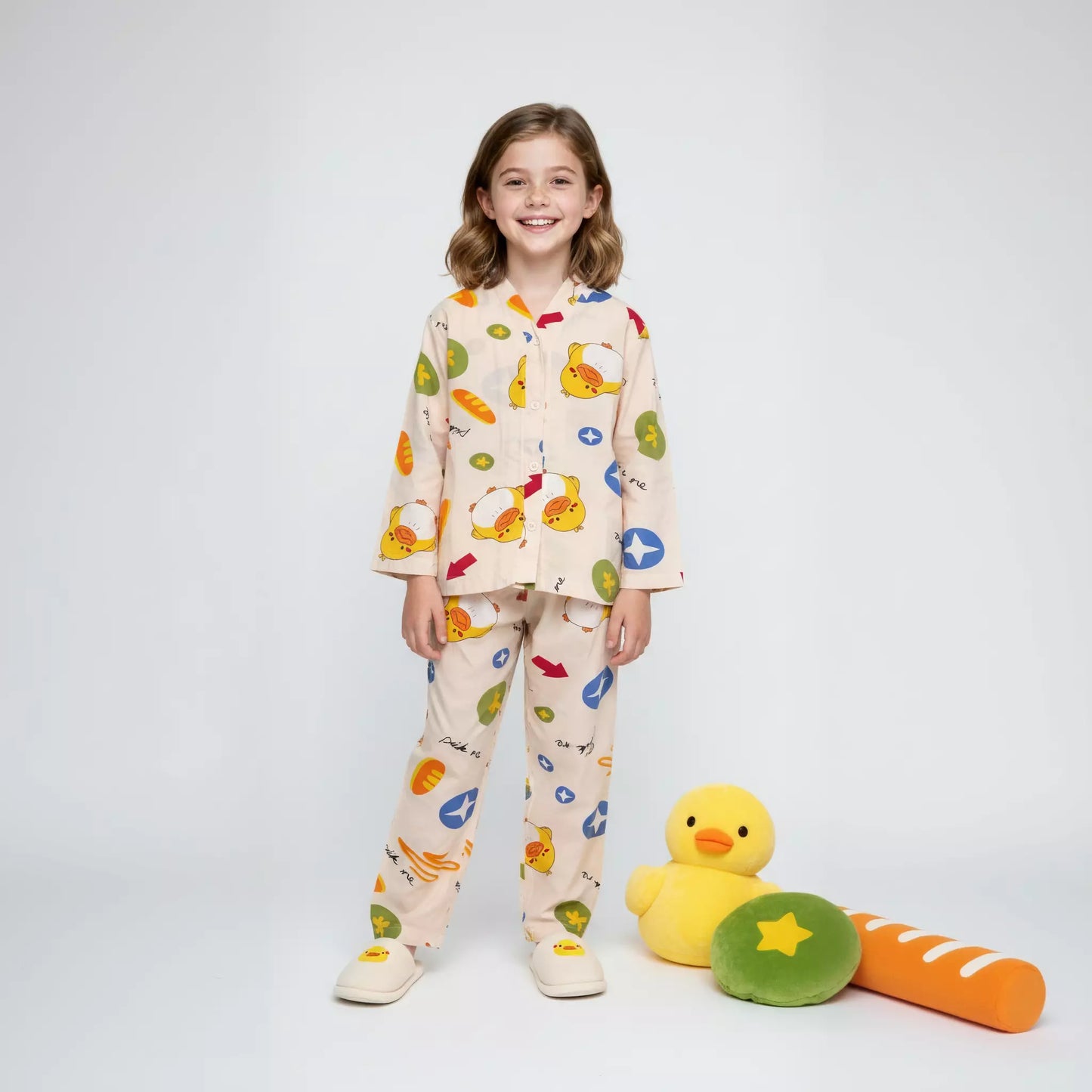Duck Girls Woven Rayon Button Pajama Set - Beige
