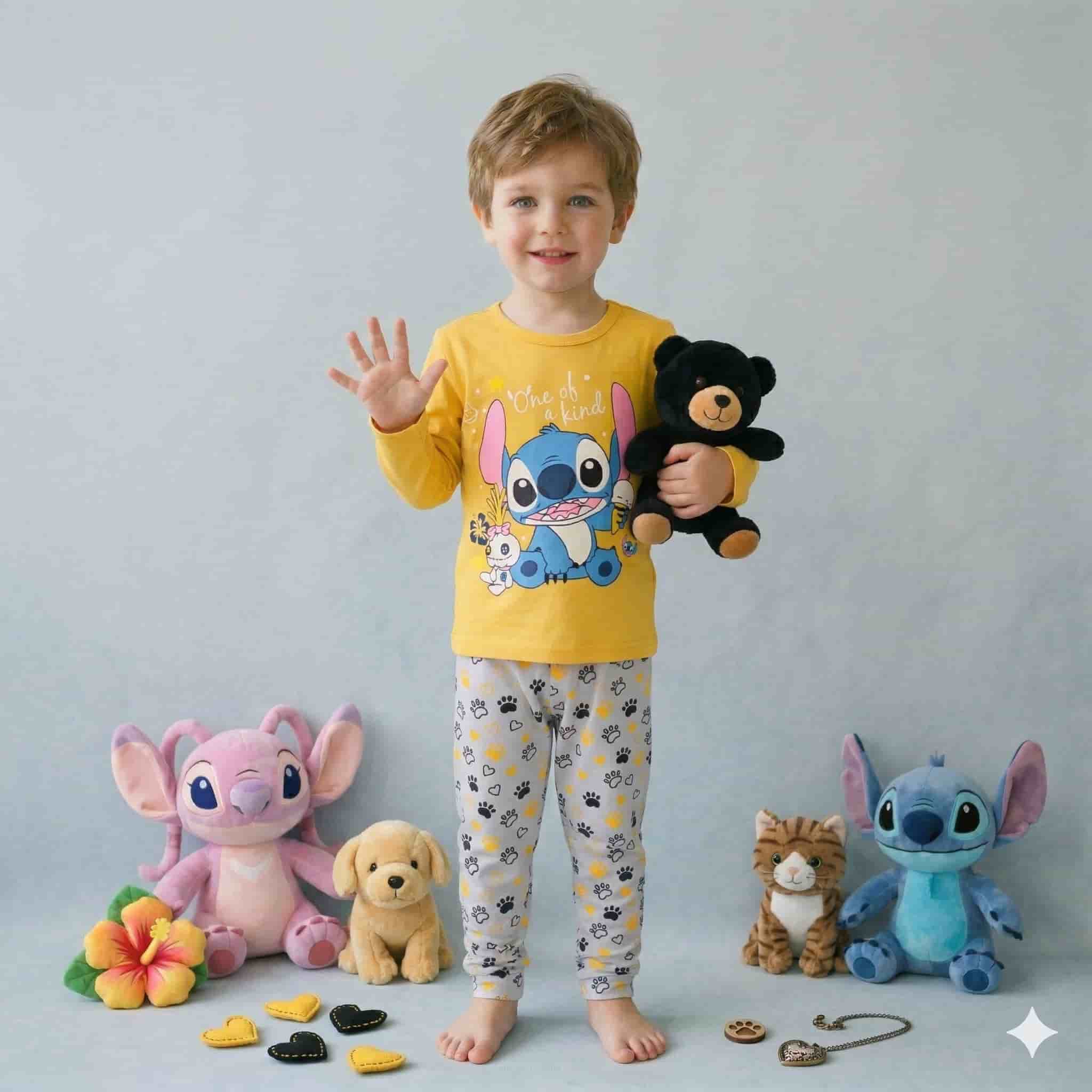 طقم بيجامة أولادي بأكمام طويلة بطبعة Stitch - أصفر