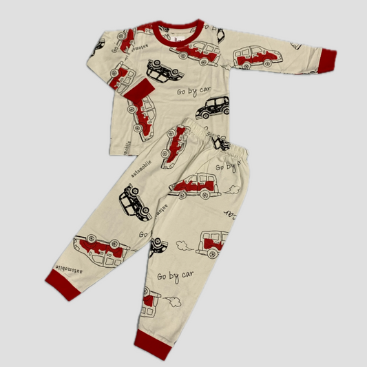 Go by Car Boys Full Sleeves Pajama Set  - Cream