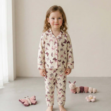 Butterfly Garden Girl Button Pajama Set - Beige