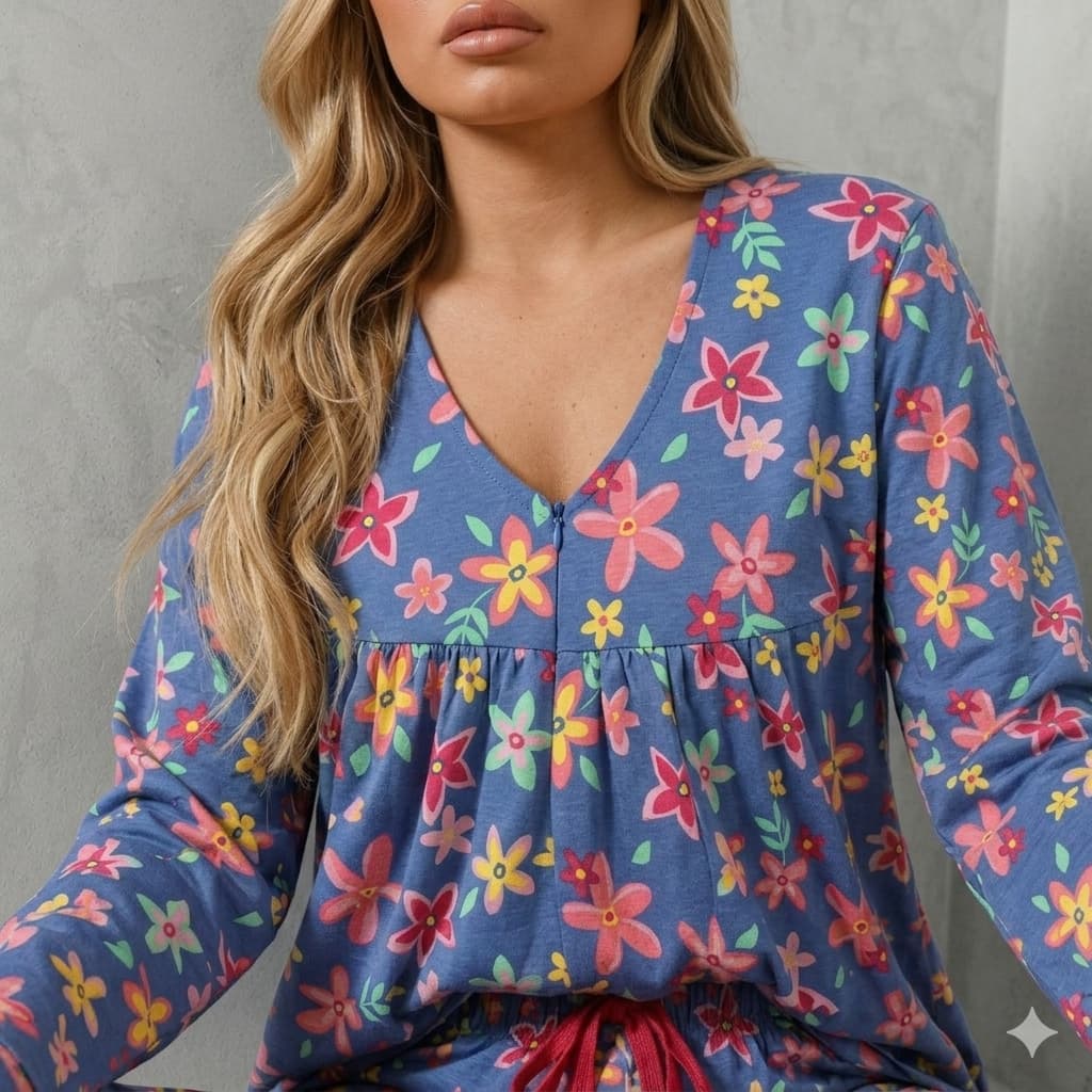 Floral Bliss Women Full Sleeves Pajama Set – Blue