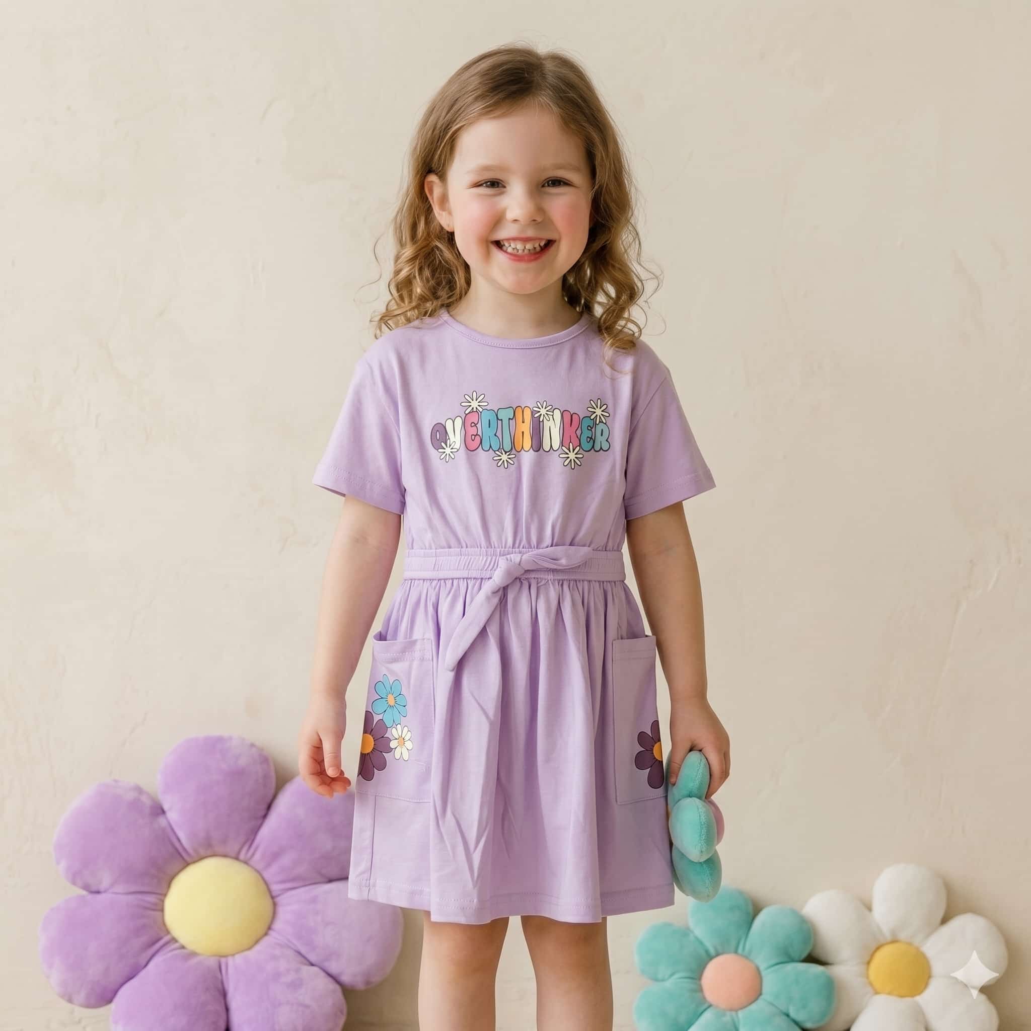 Overthinker Girls Frock Set - Lavender