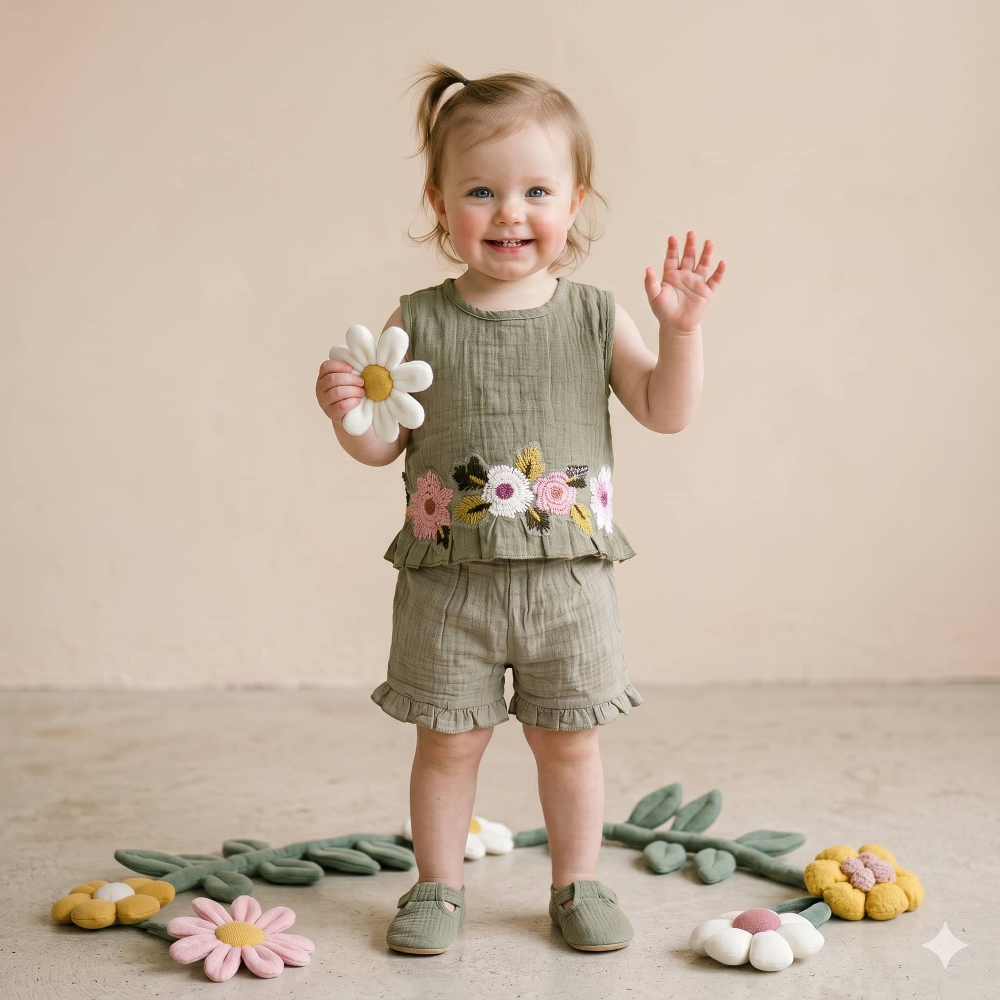 Olive Bloom Baby Girls Half Sleeves Set - Green