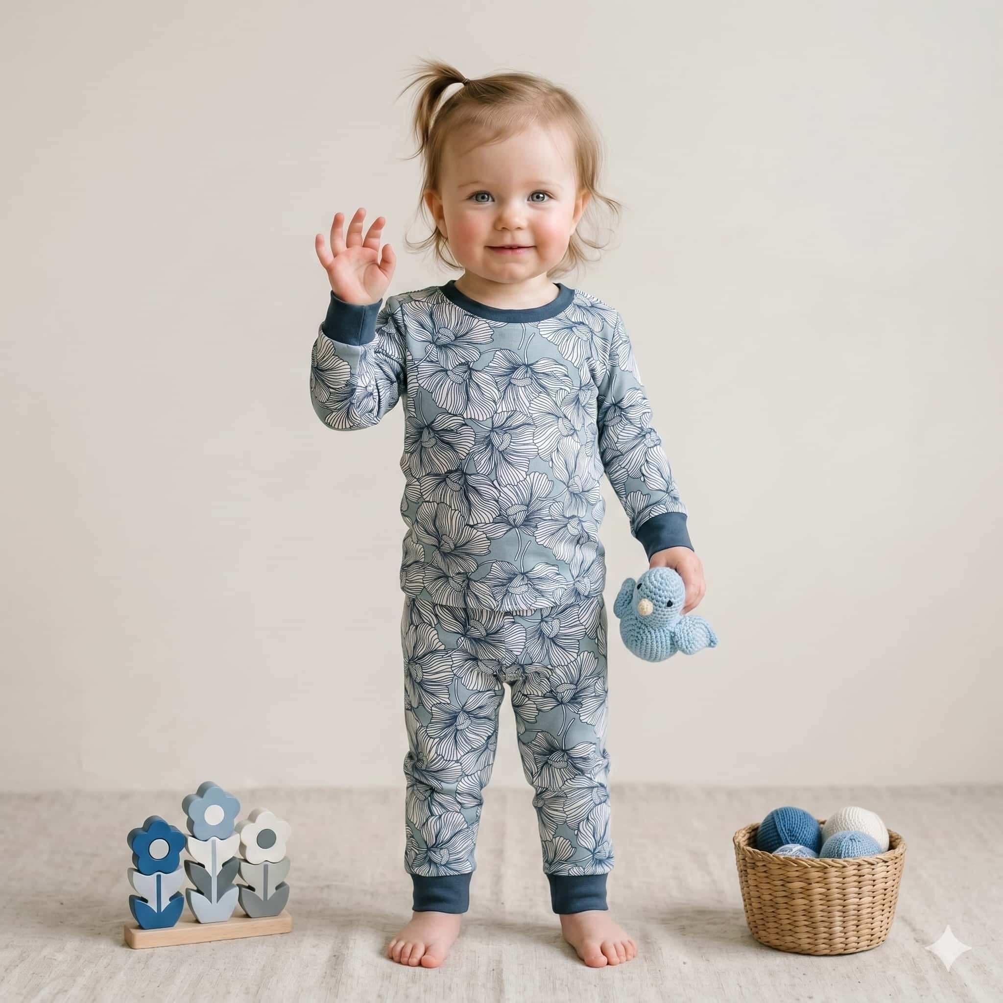 Azure Flora Baby Girls Full Sleeves Pajama Set - Slate Blue