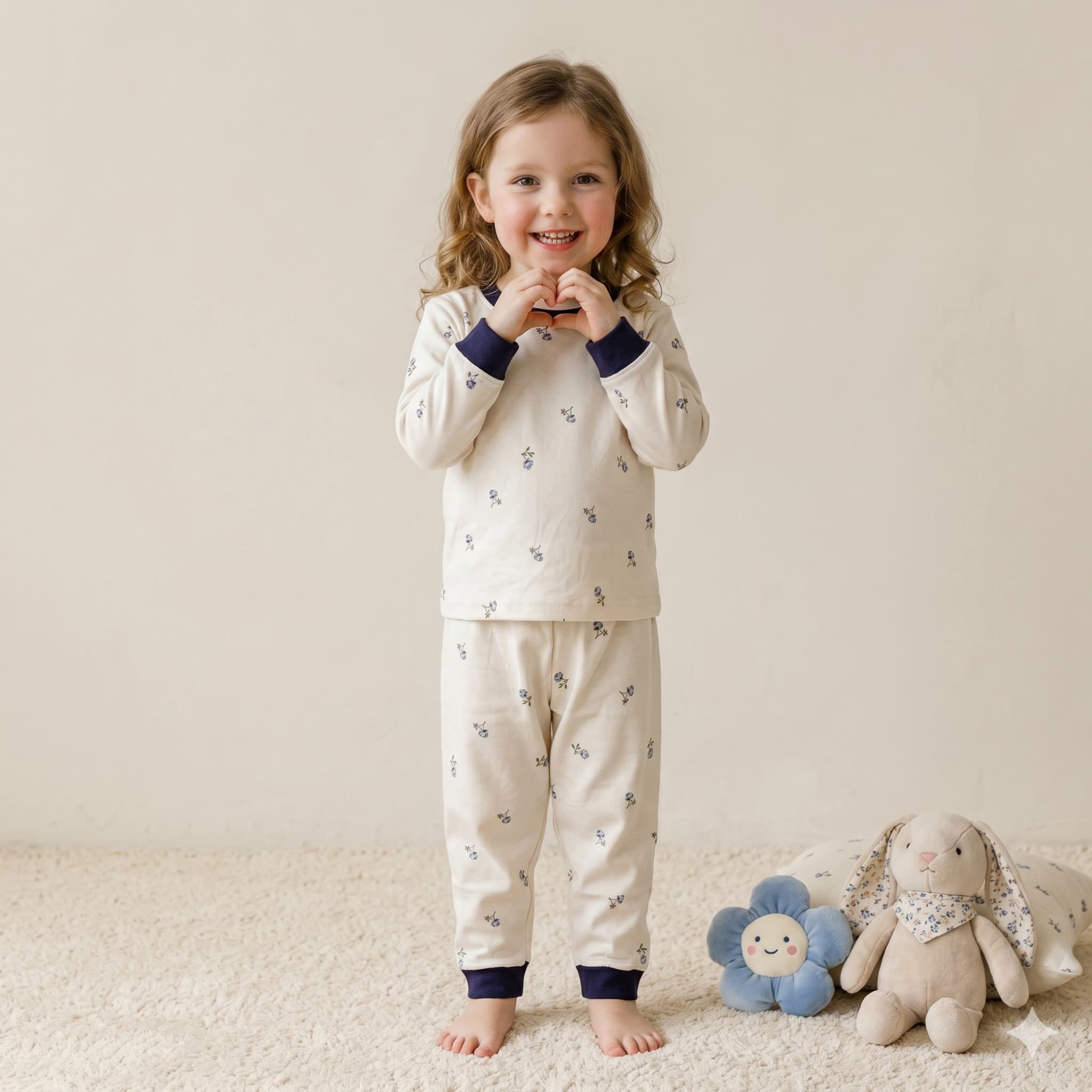 Blue Blossom Girls Full Sleeves Pajama Set - Cream