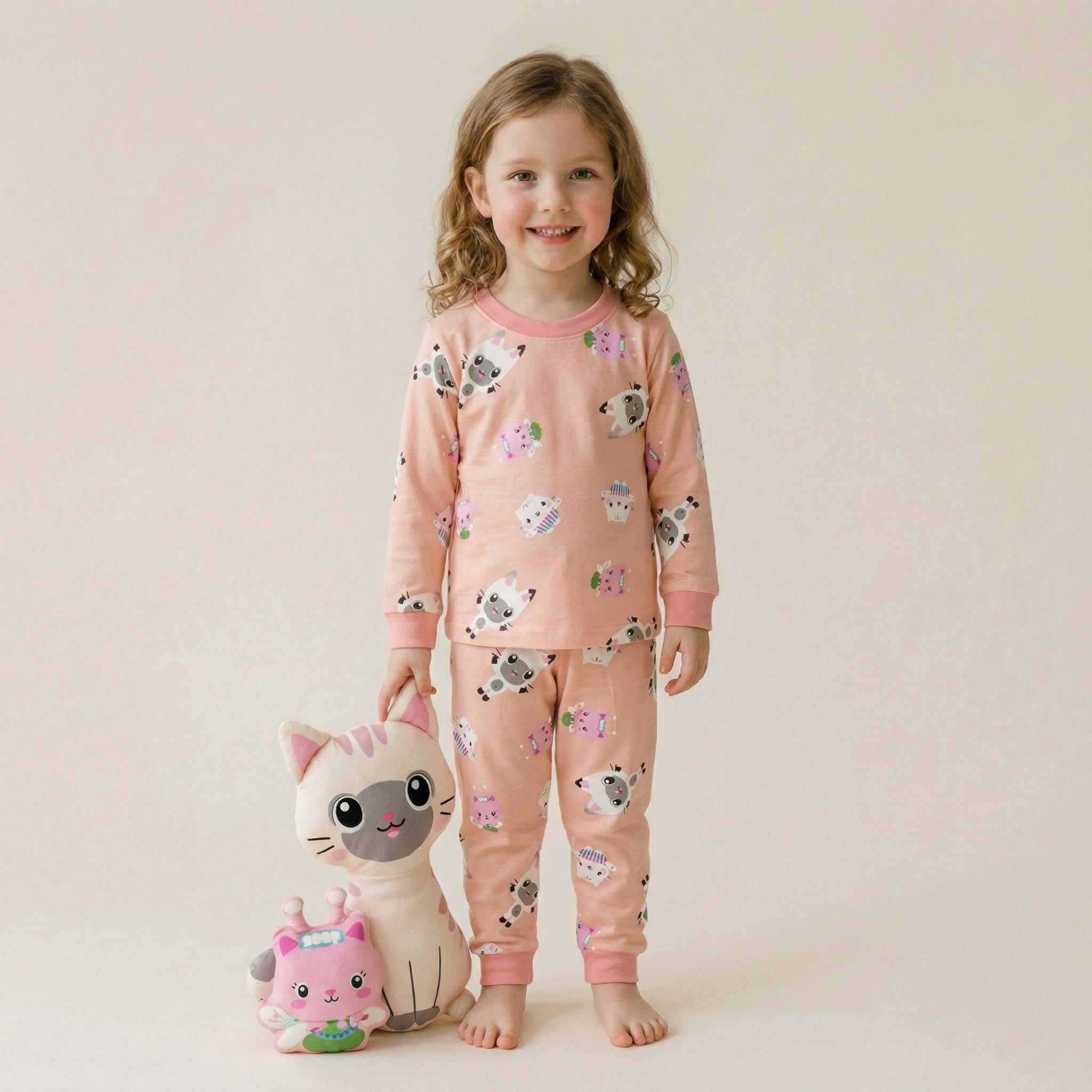 Cat Purr Girls Full Sleeves Pajama Set - Peach
