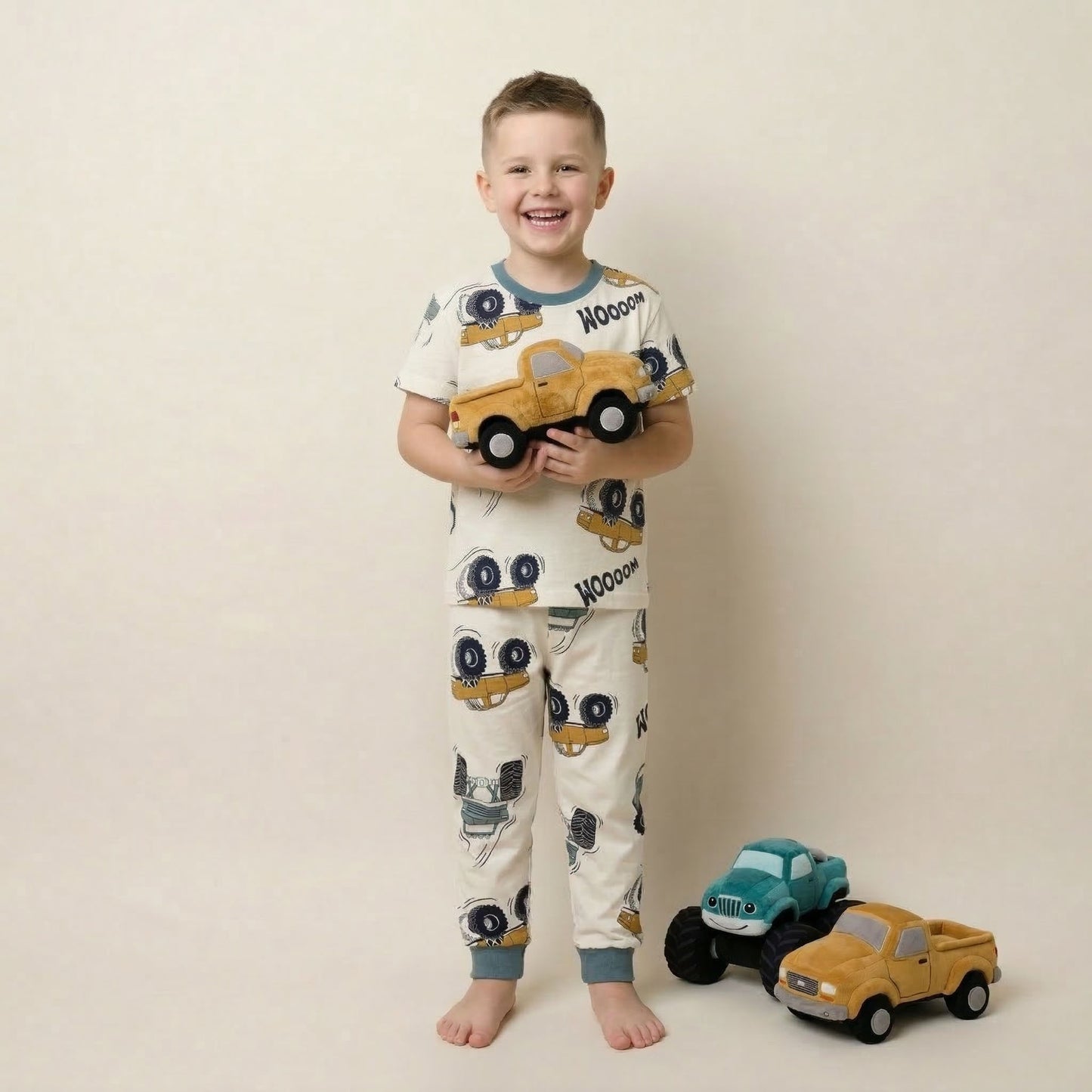Monster Truck Boys Half Sleeves Pajama Set - Cream
