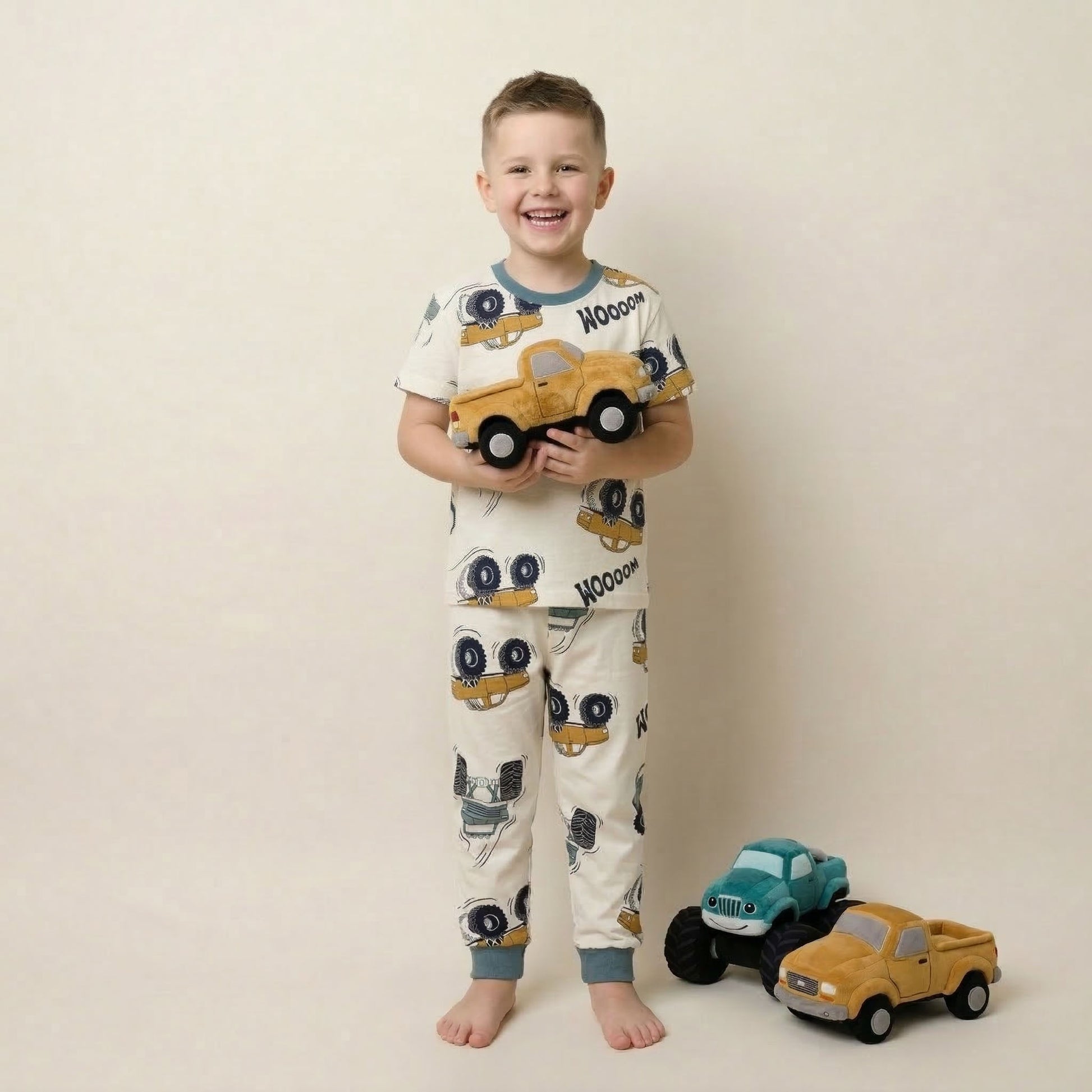 Monster Truck Boys Half Sleeves Pajama Set - Cream