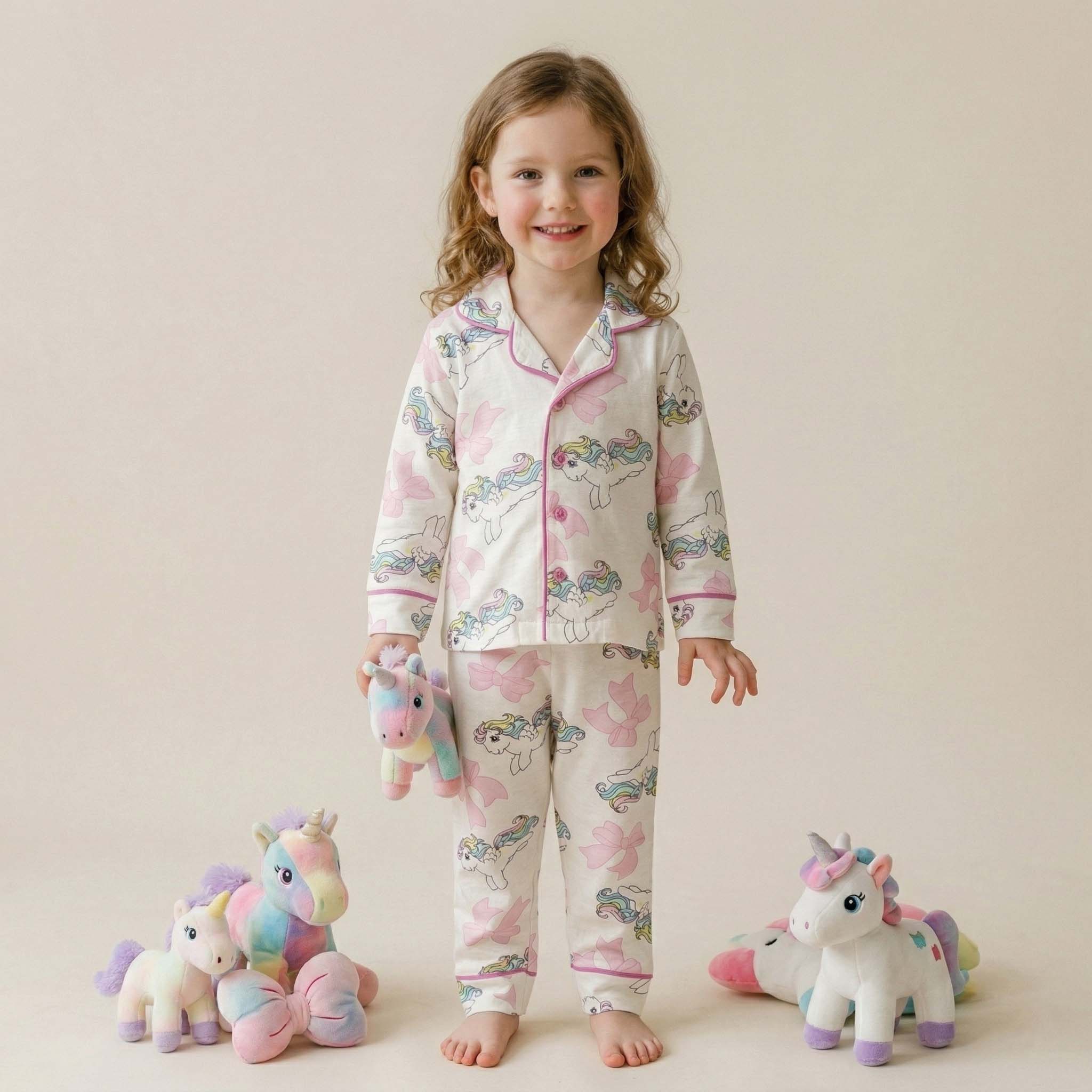 Unicorn Love Girls Full Sleeves Button Pajama Set - White & Pink