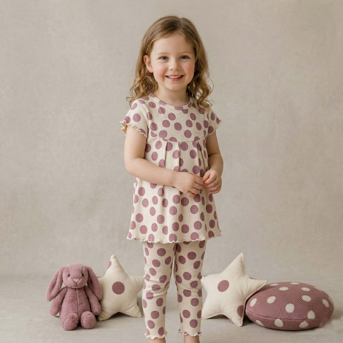Polka Dots Girls Short Sleeves Pajama Set - Beige & Purple