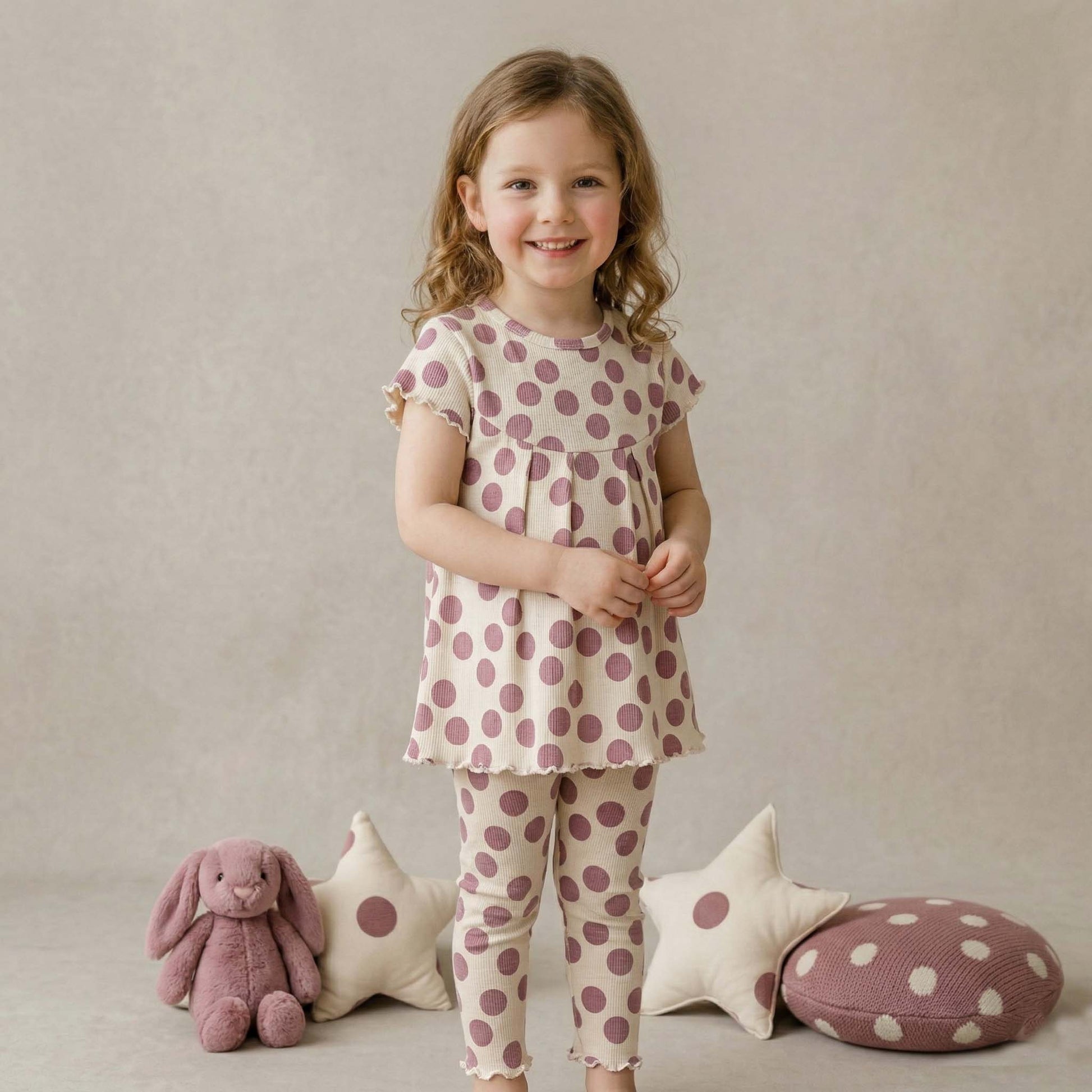 Polka Dots Girls Short Sleeves Pajama Set - Beige & Purple