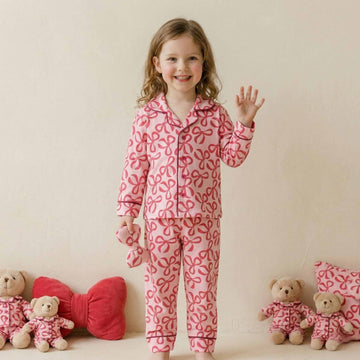 Red Bows Girls Button Pajama Set - Pink