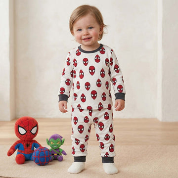 Spiderman Baby Boys Full Sleeves Pajama Set - White & Red