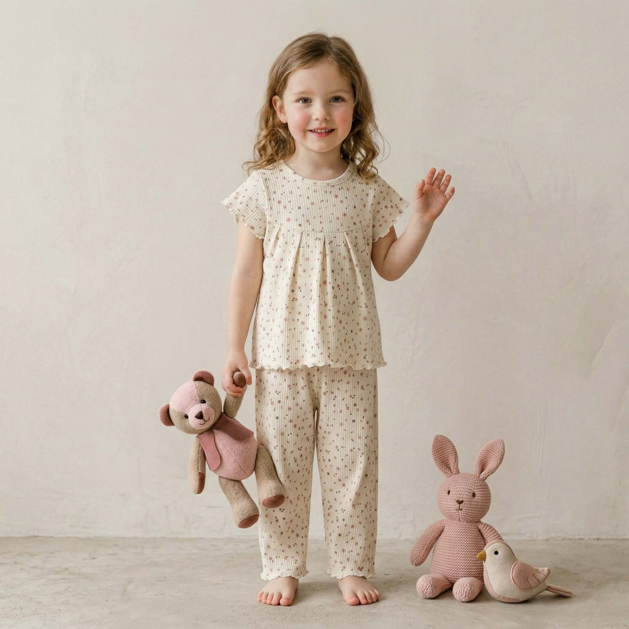 All Over Floral Print Girls Pajama Set - Cream