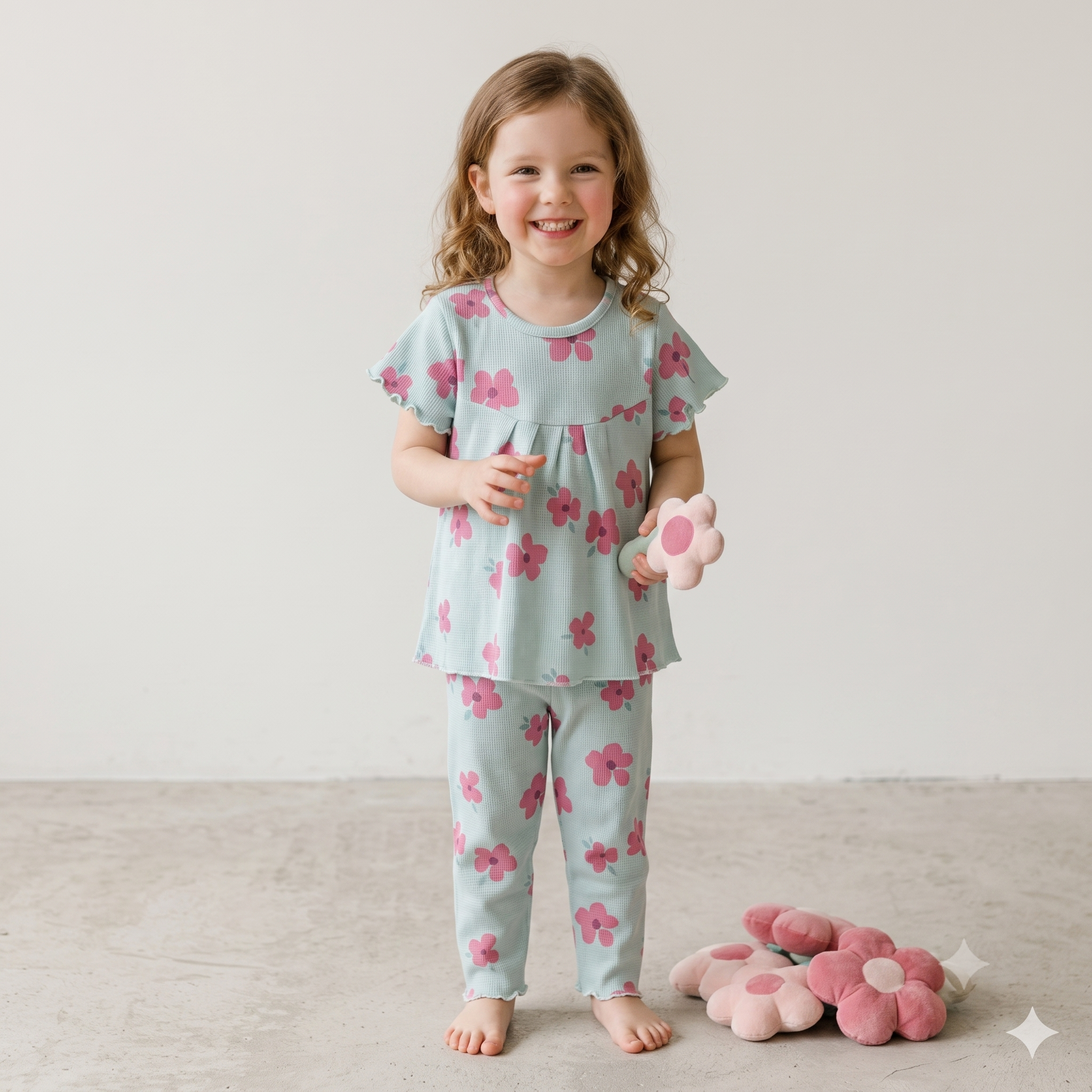Pink Flower Girls Half Sleeves Pajama Set- Sea Green