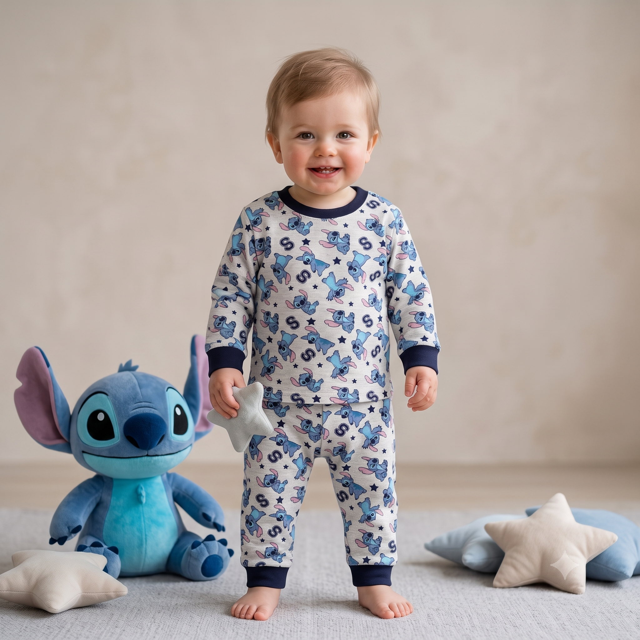 Stitch Baby Boys Full Sleeves Pajama Set - Grey & Blue