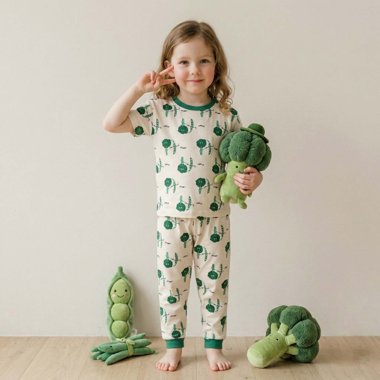 Mr Broccoli Girls Pajama Set - Cream & Green
