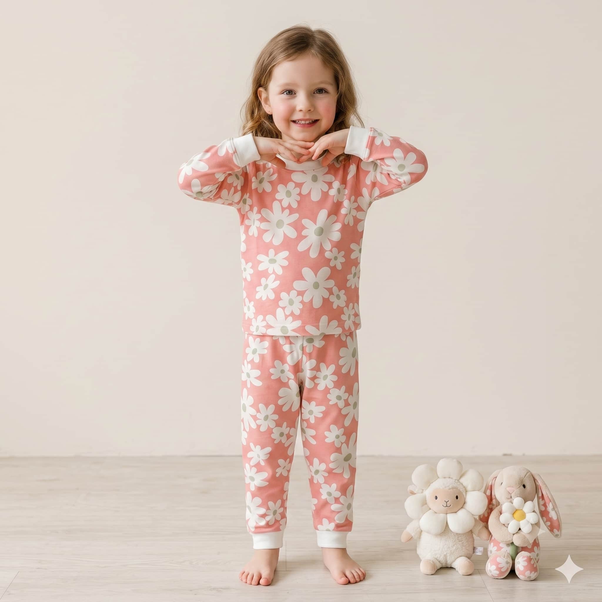 Daisy Dreams Girls Full Sleeves Pajama Set - Coral Pink