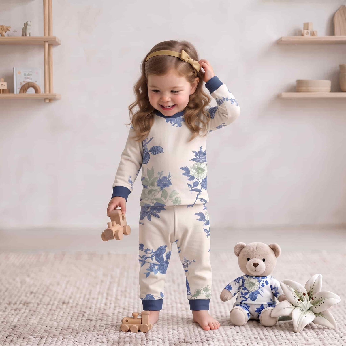 Blue Meadow Baby Girls Full Sleeves Pajama Set - Cream
