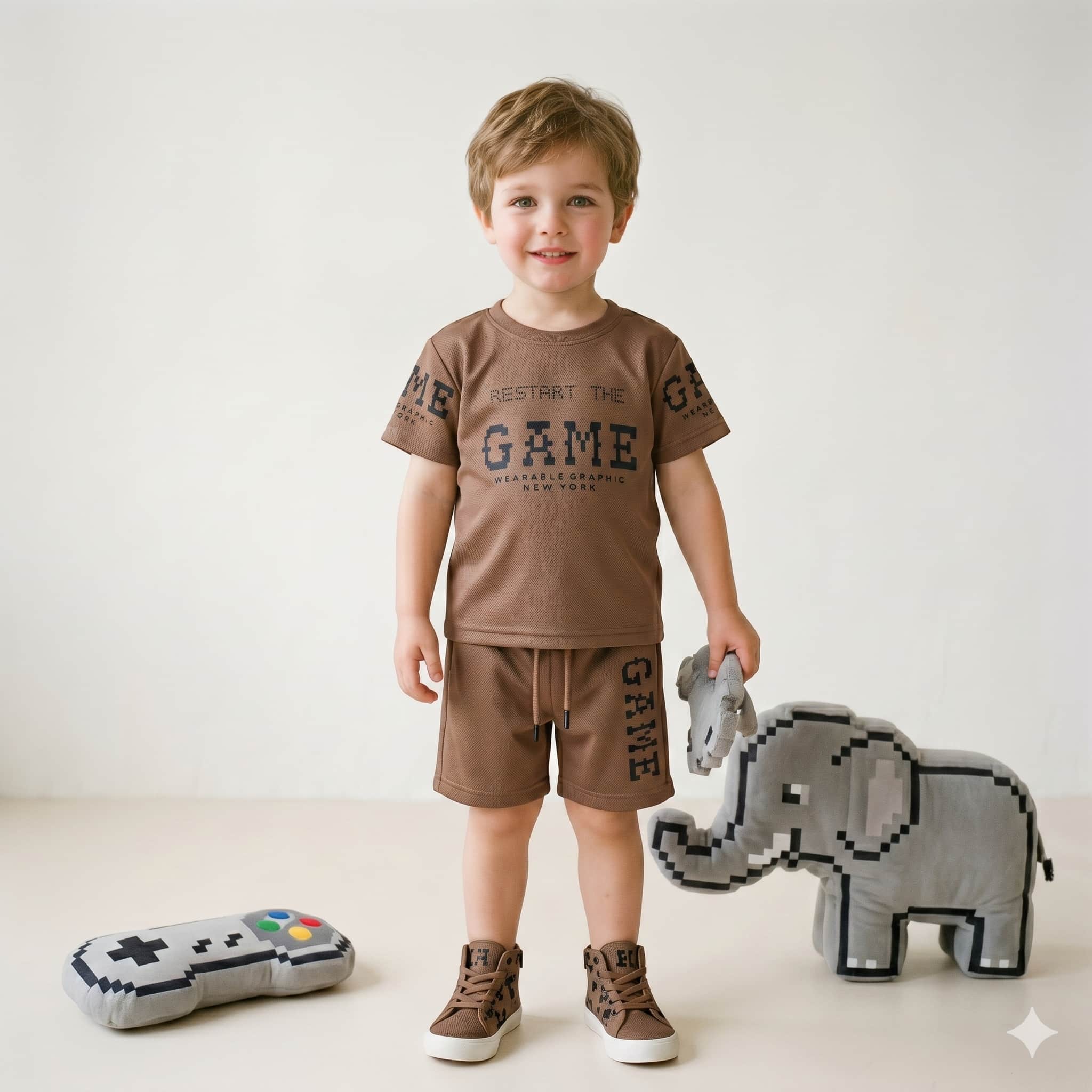 Rust Mode Boys Half Sleeves Short Set - Brown
