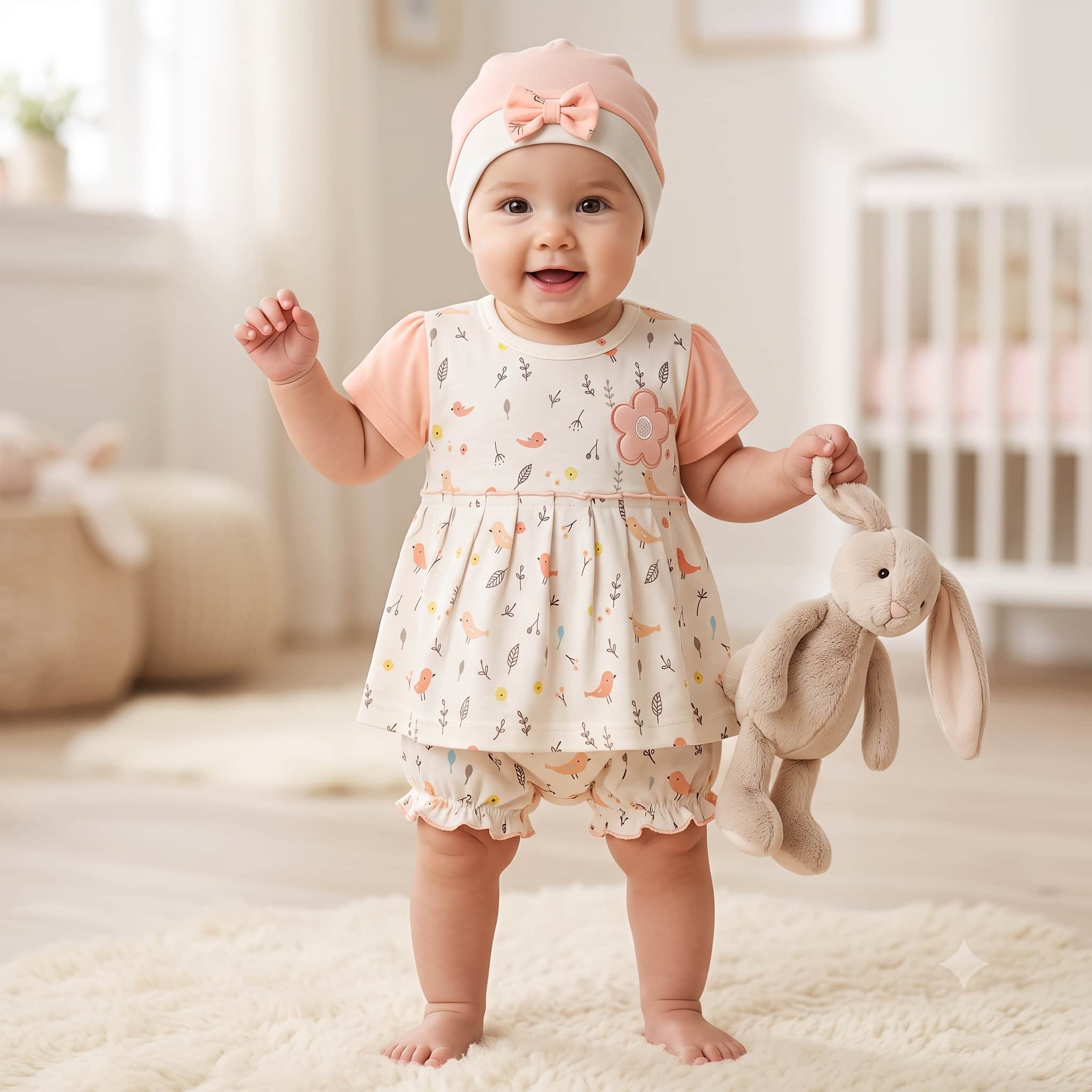 Coral Songbird Baby Girls Frock Set - White