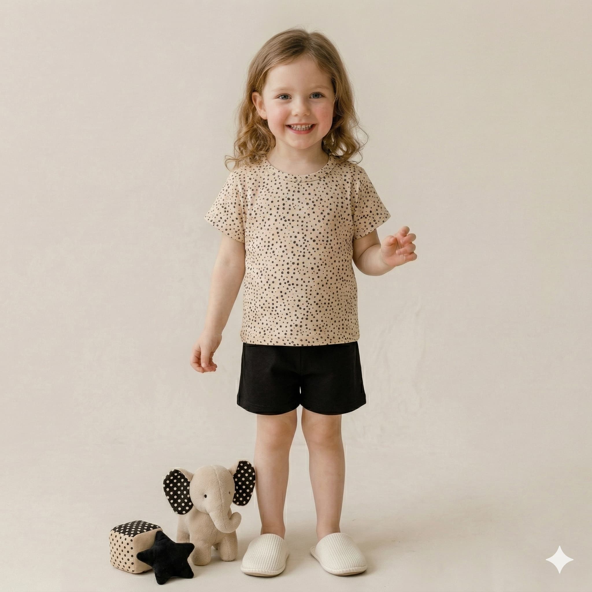 Polka Dot Girls Short Set- Beige