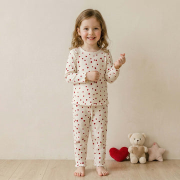 Little Red Hearts Girls Full Sleeves Pajama Set - White