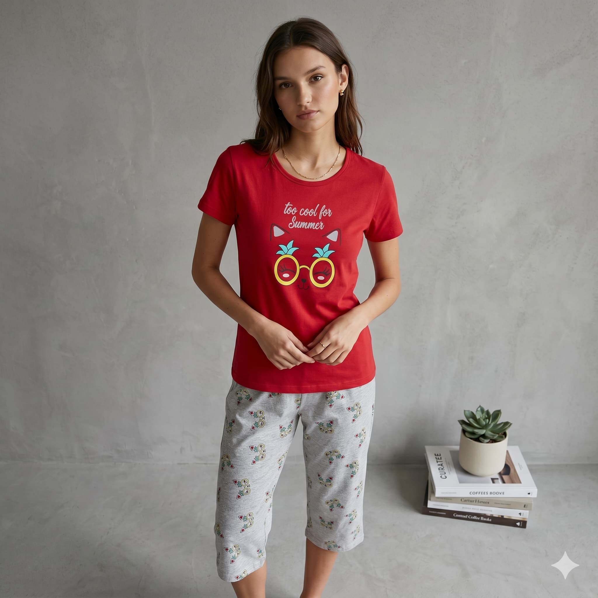 Playful Chill Women Half Sleeves Pajama Set - Red