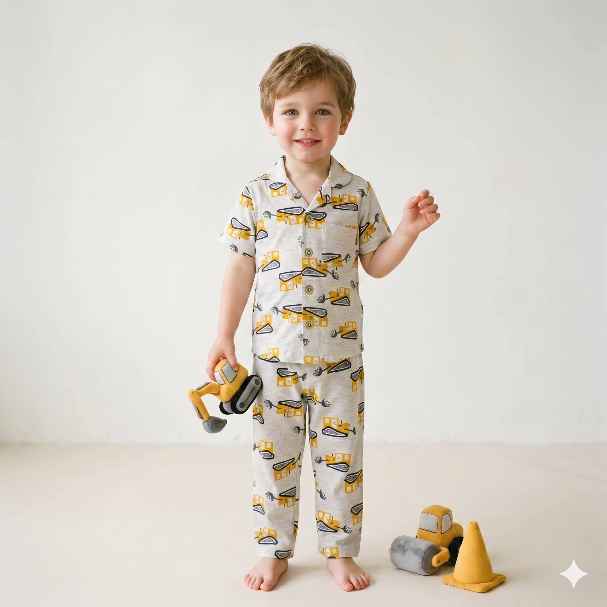 Tiny Builder Half sleeves Boys Button Pajama Set - Cream