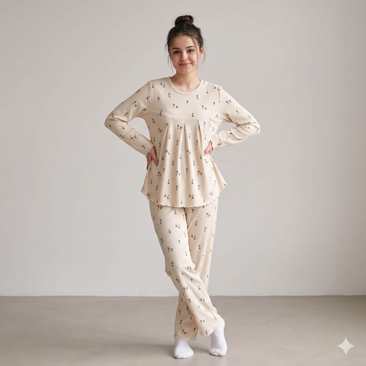 Petal Drift Girls Full Sleeves Pajama Set - Beige