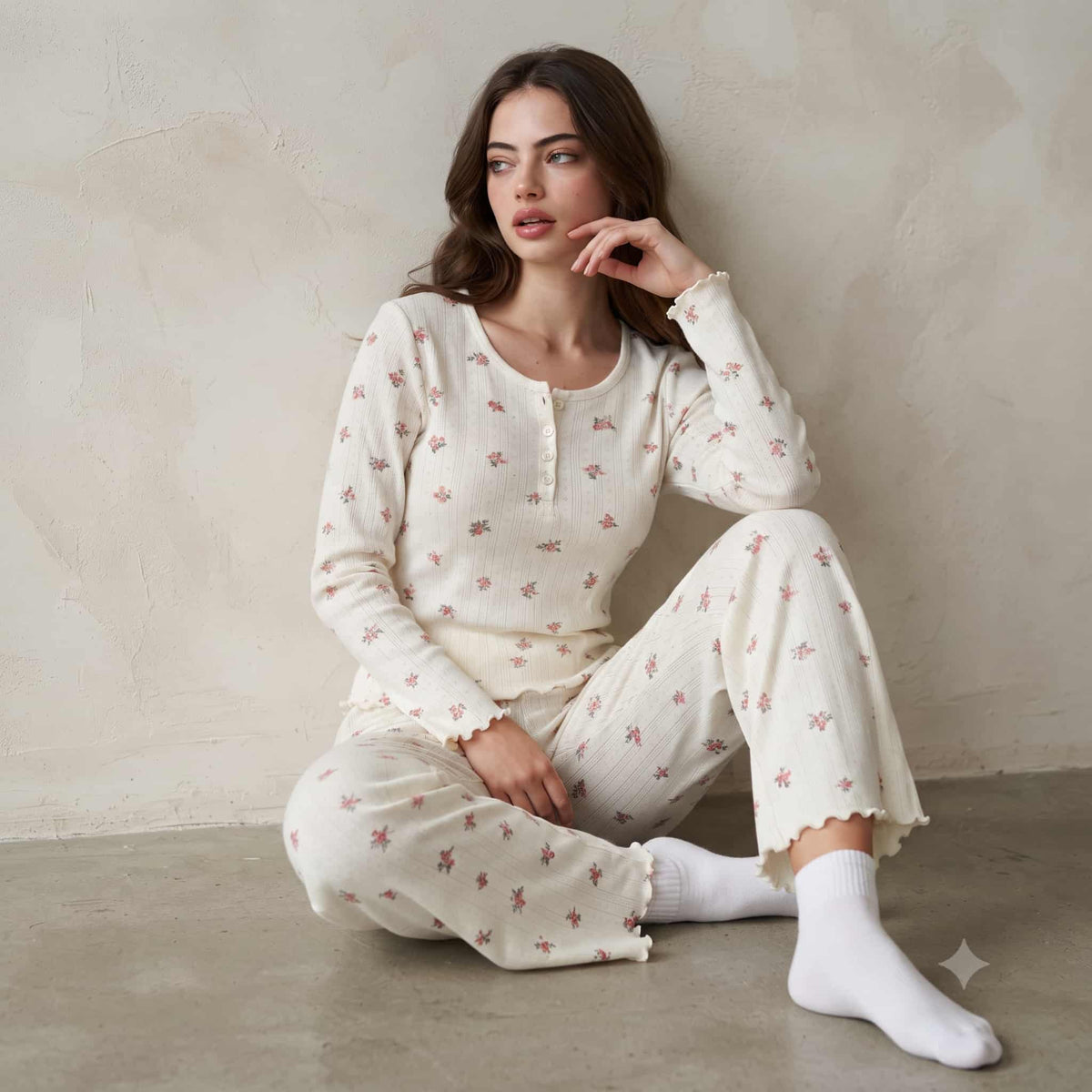 Blush Bouquet Women Full Sleeves Pajama Set – Cream