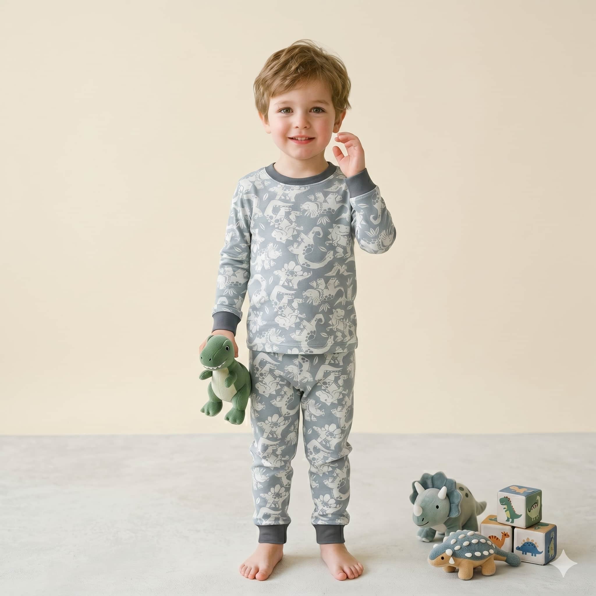 Dino Dreams Boys Full Sleeves Pajama Set – Grey