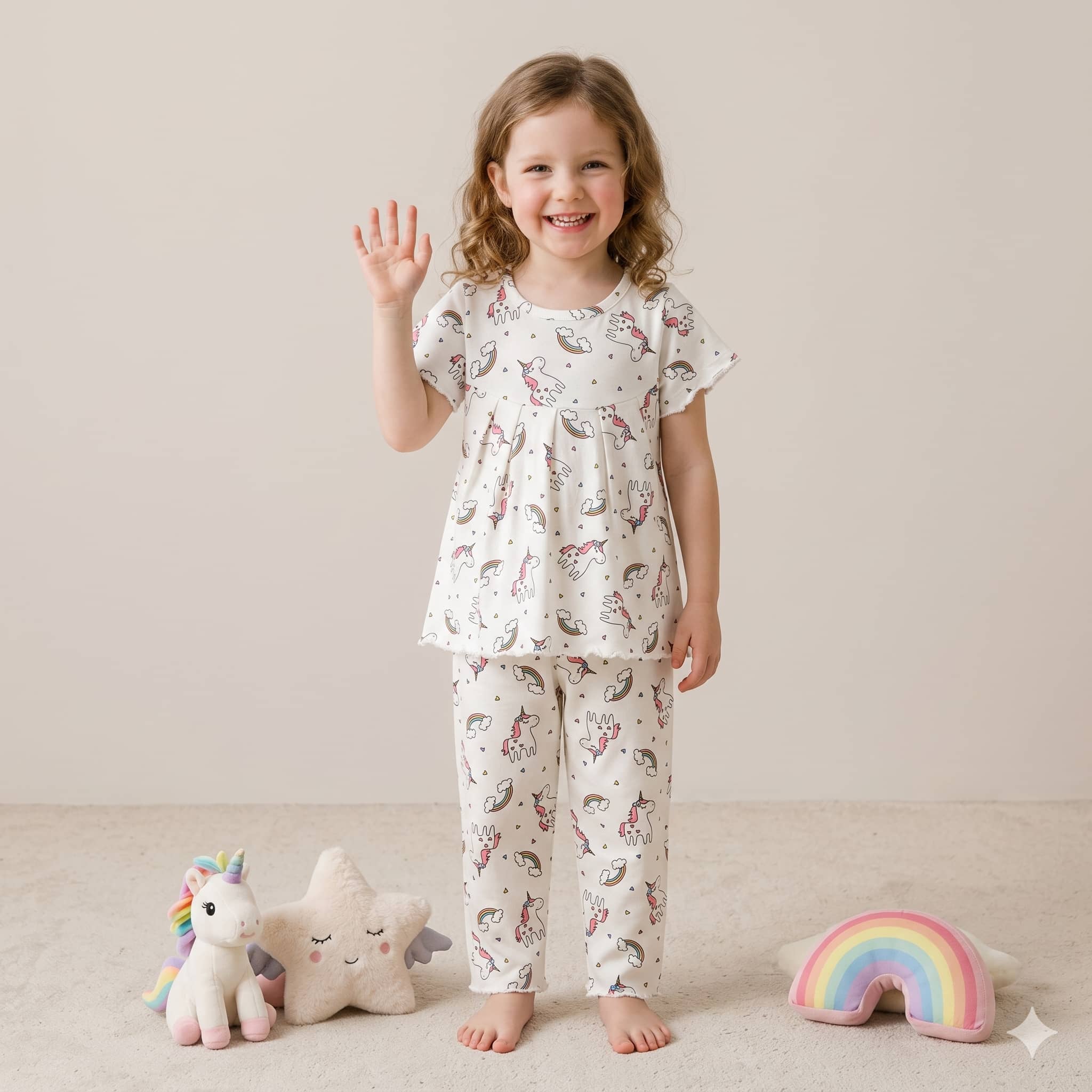 Unicorn Dreams Girls Half Sleeves Pajama Set - Cream