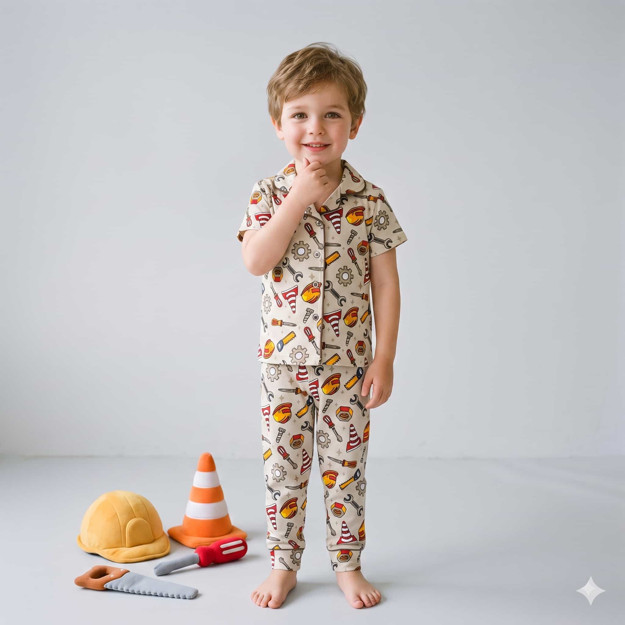 Tiny Builder Boys Half Sleeves Pajama Set - Beige