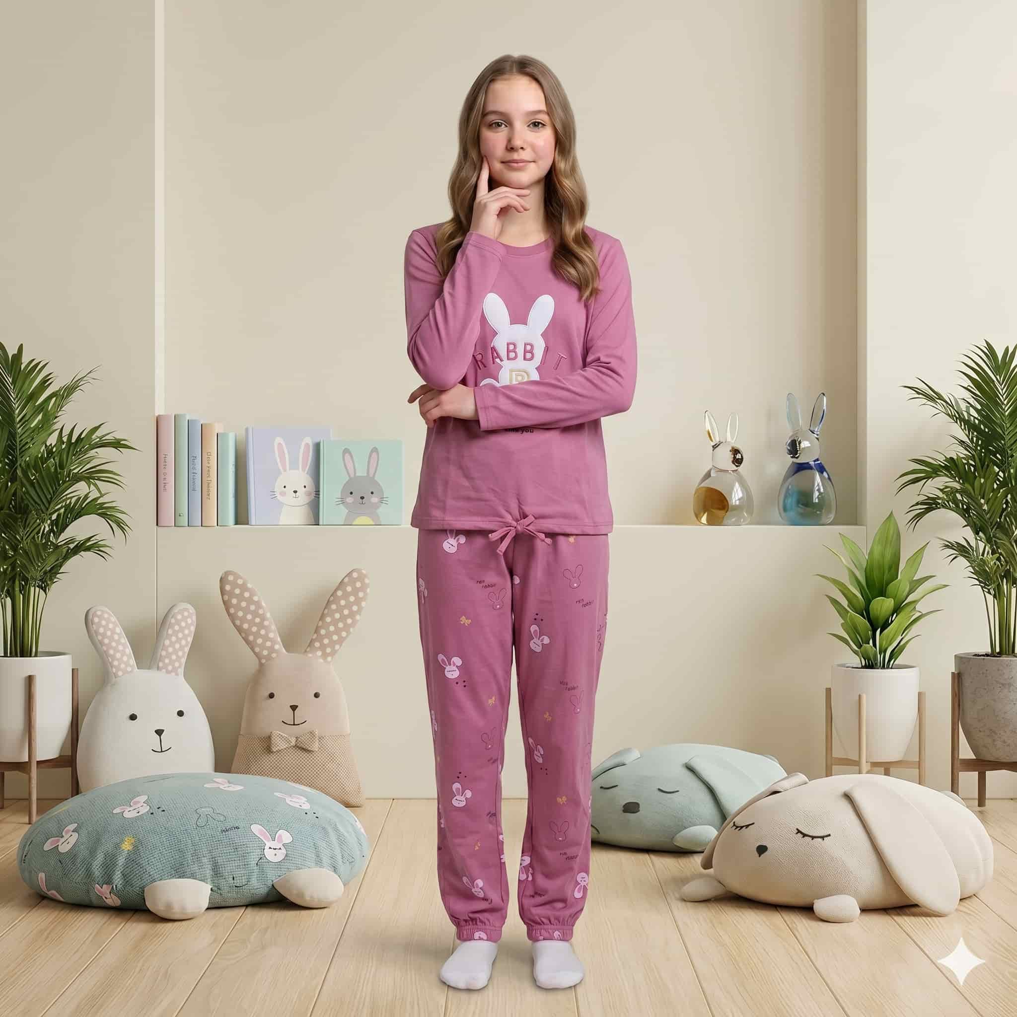 Rosy Rabbit Girls full sleeves pajama set - pink