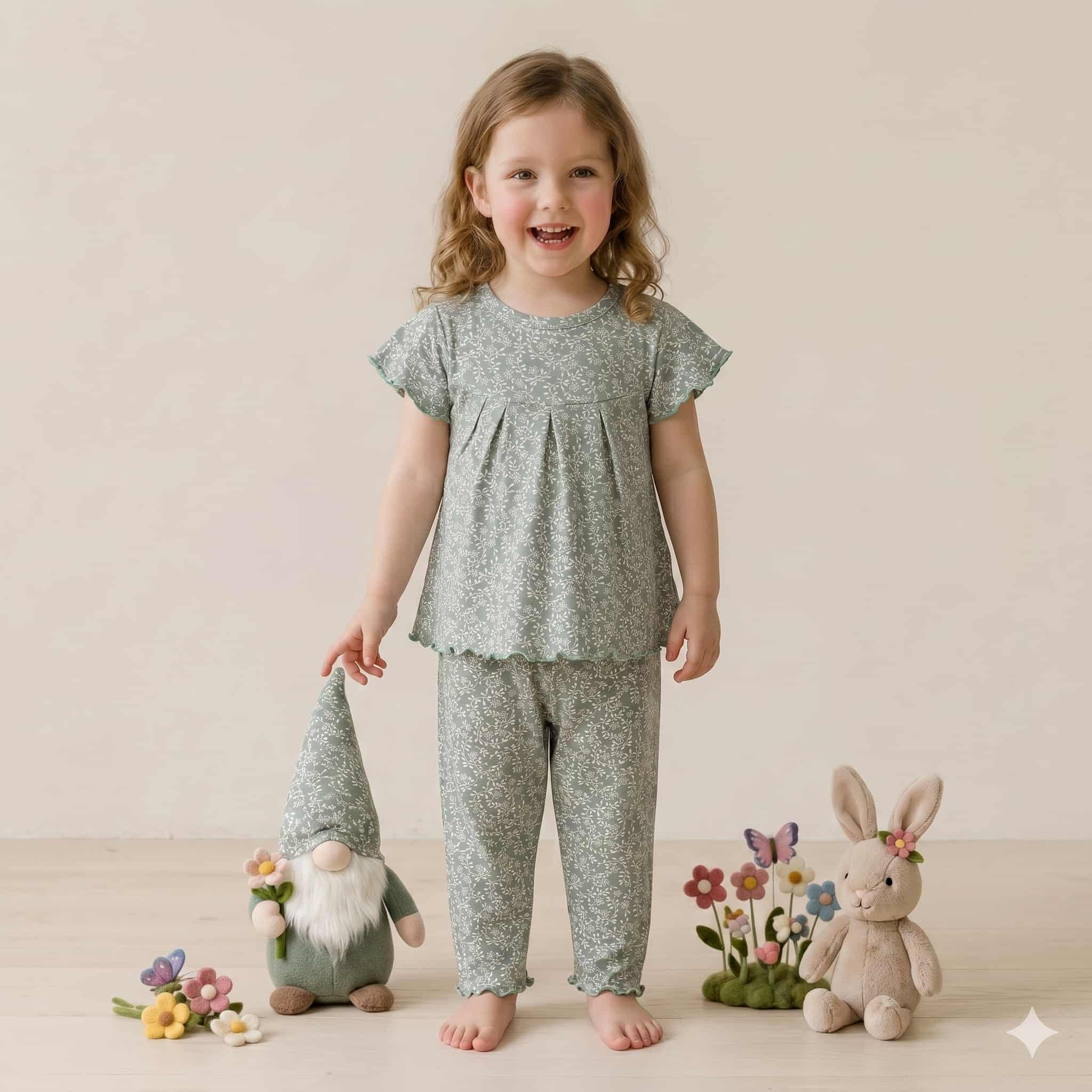 Sage Bloom Girls Half Sleeves Pajama Set – Green