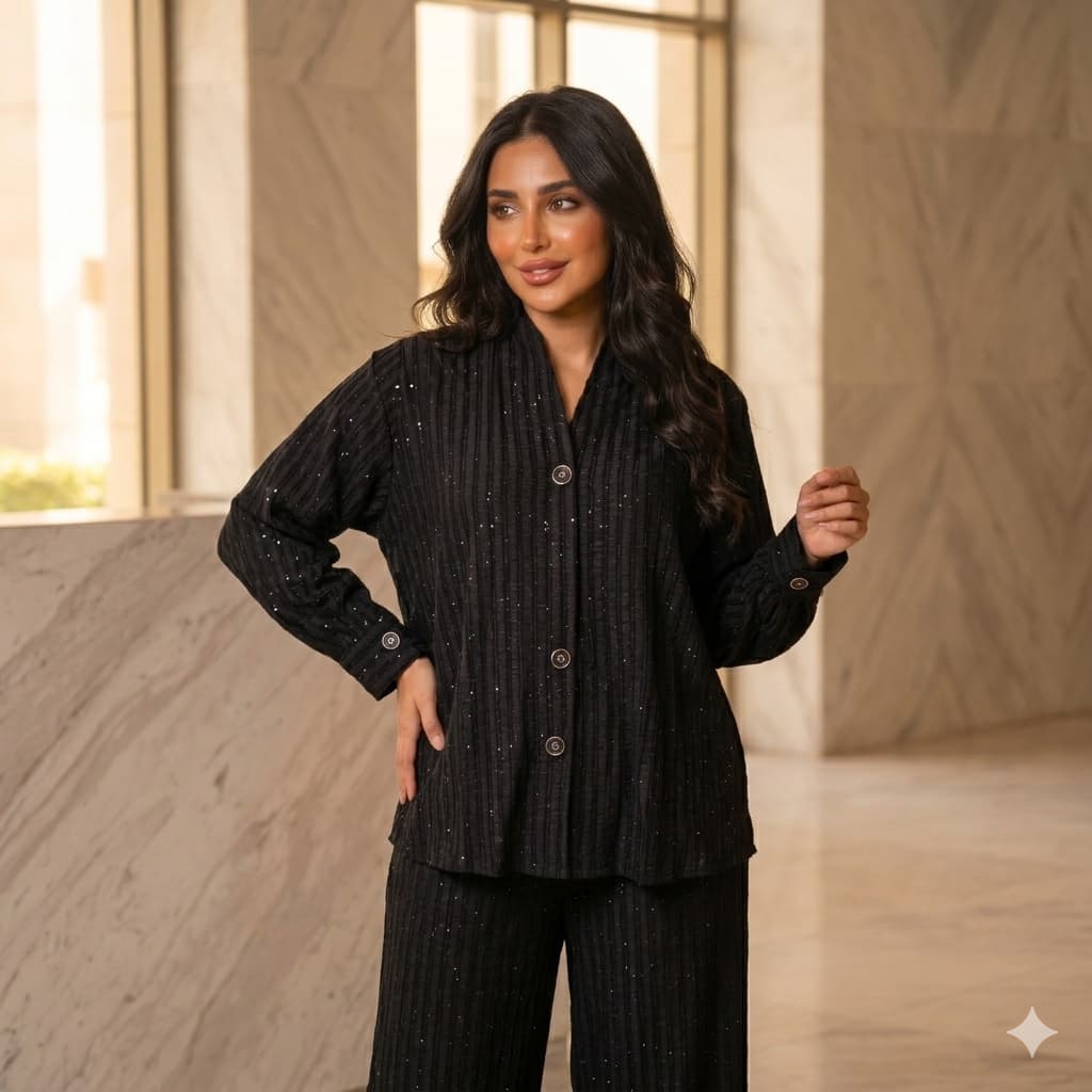 Midnight Shimmer Women Full Sleeves Co ord Set - Black