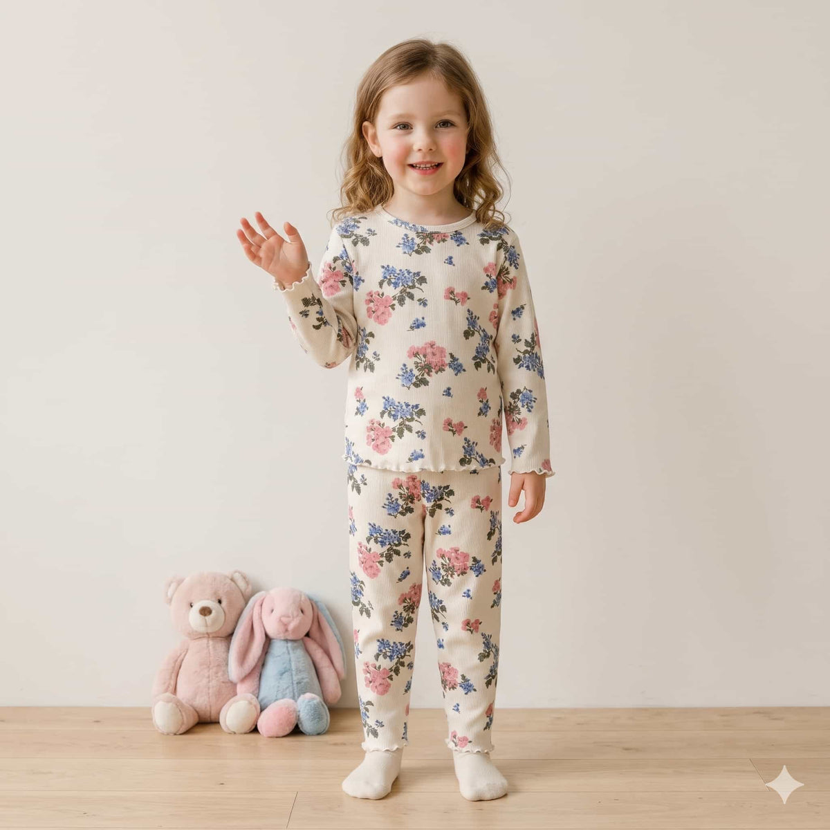 Blossom Haven Girls Full Sleeves Pajama Set – Ivory Cream
