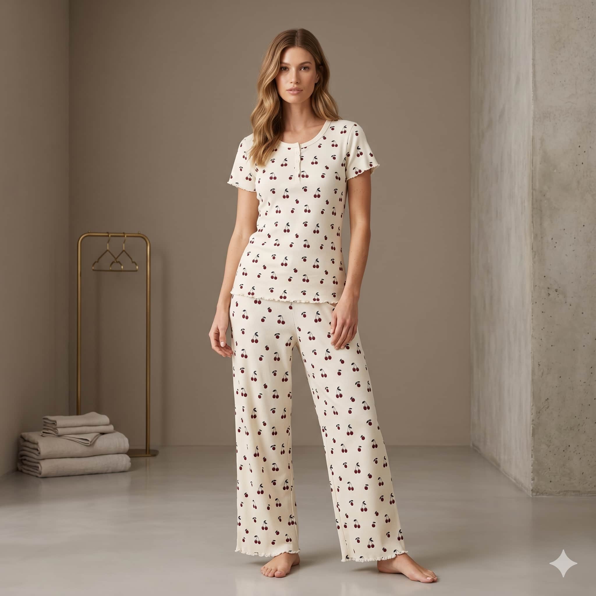 Cherry Bliss Women Half Sleeves Pajama Set – Ivory