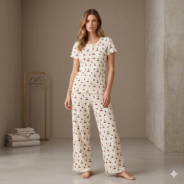 Cherry Bliss Women Half Sleeves Pajama Set – Ivory